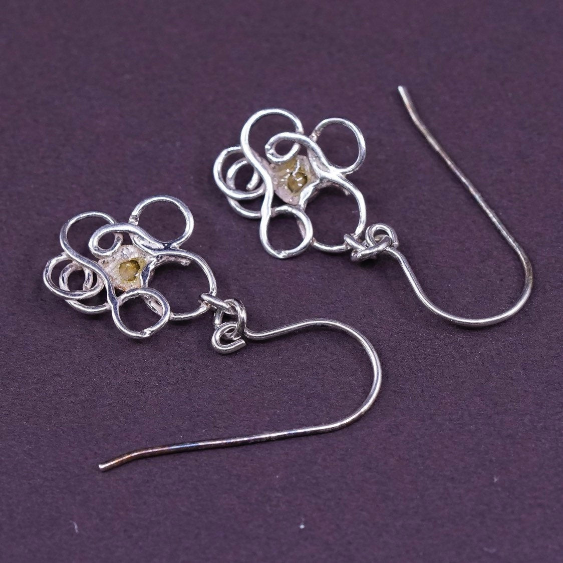 VTG Sterling silver handmade earrings, 925 swirl flower dangles w/ blue crystal