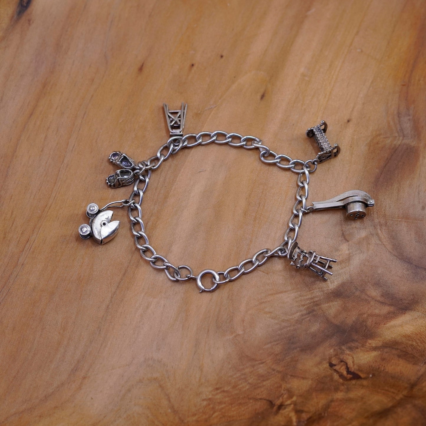 vtg Sterling 925 silver curb bracelet 6 charms, chair crib baby shoes stroller
