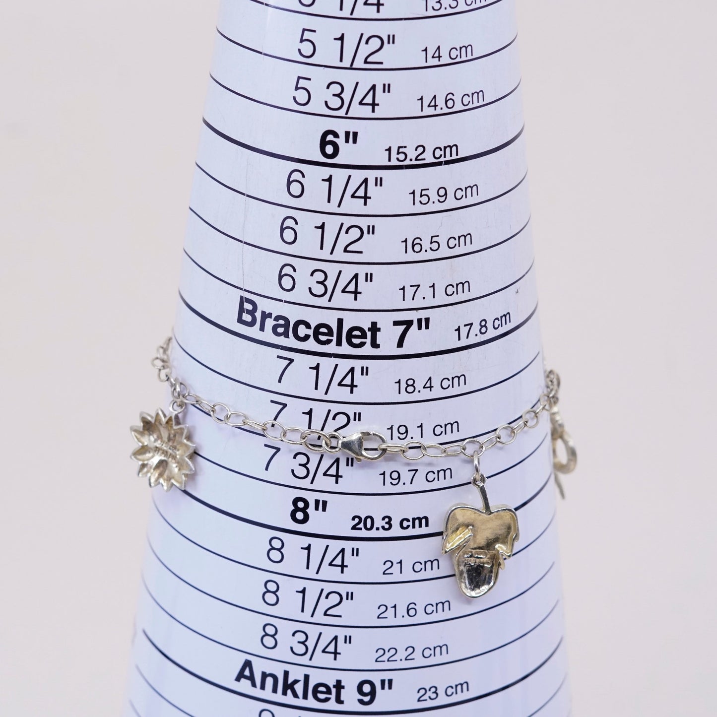 7.5”, vermeil gold over sterling silver bracelet, 925 chain w/ snake tree apple