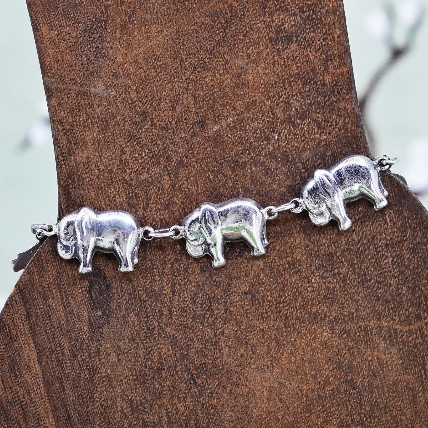 6.75”, vintage Sterling Silver Handmade Bracelet, 925 Elephant link chain