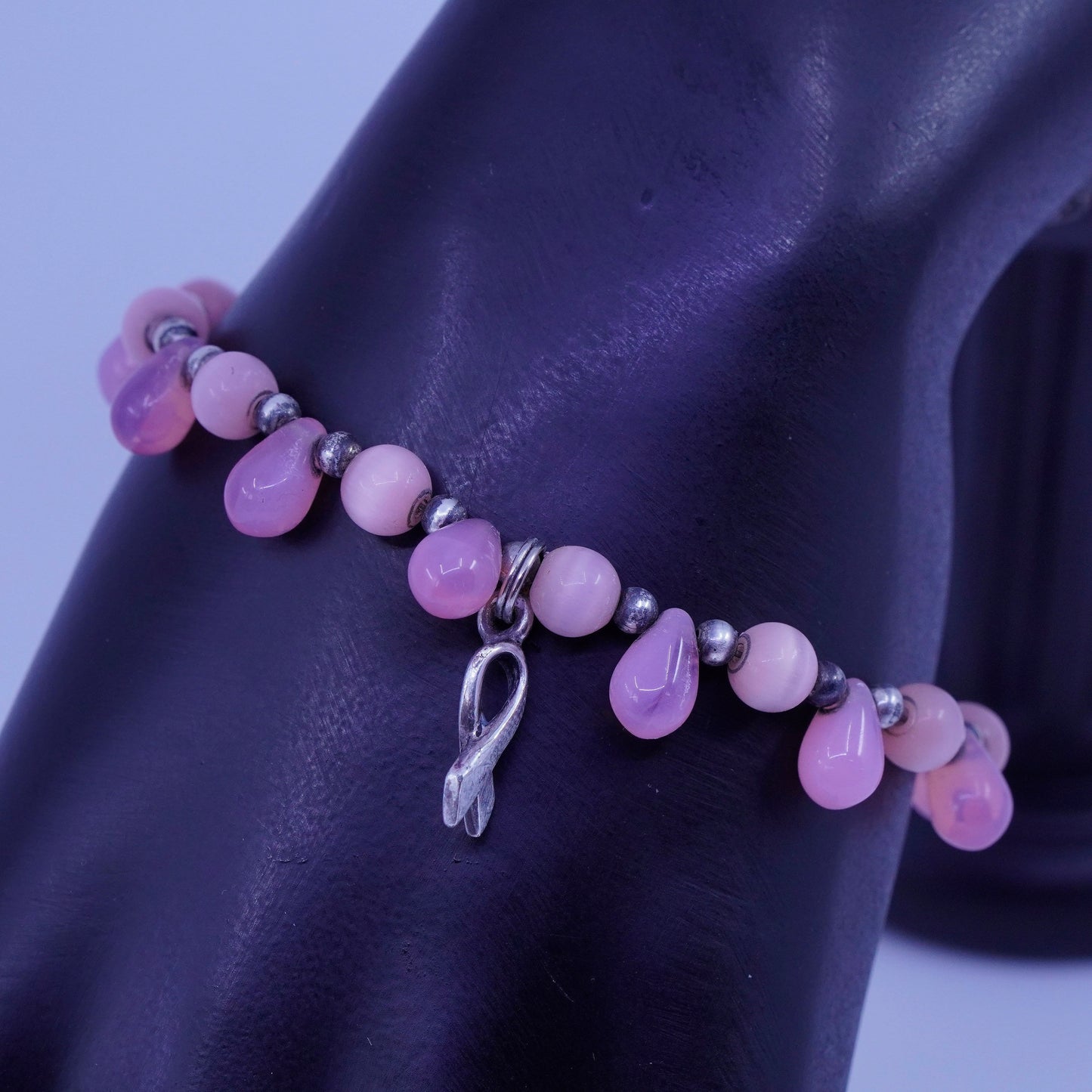6.5”, Sterling 925 silver bracelet pink cats eye breast cancer ribbon bow tie
