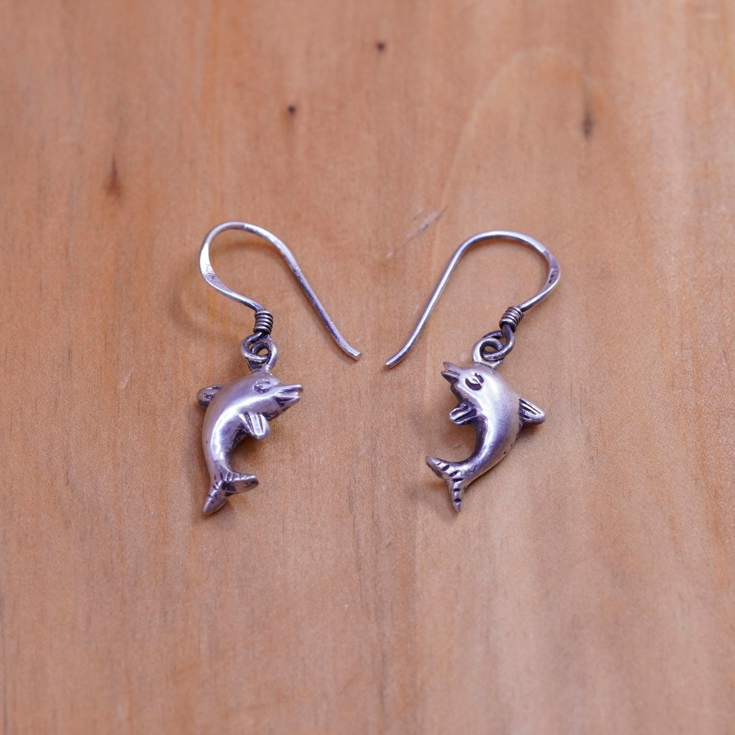 Vintage Sterling silver handmade earrings, 925 dolphin dangle