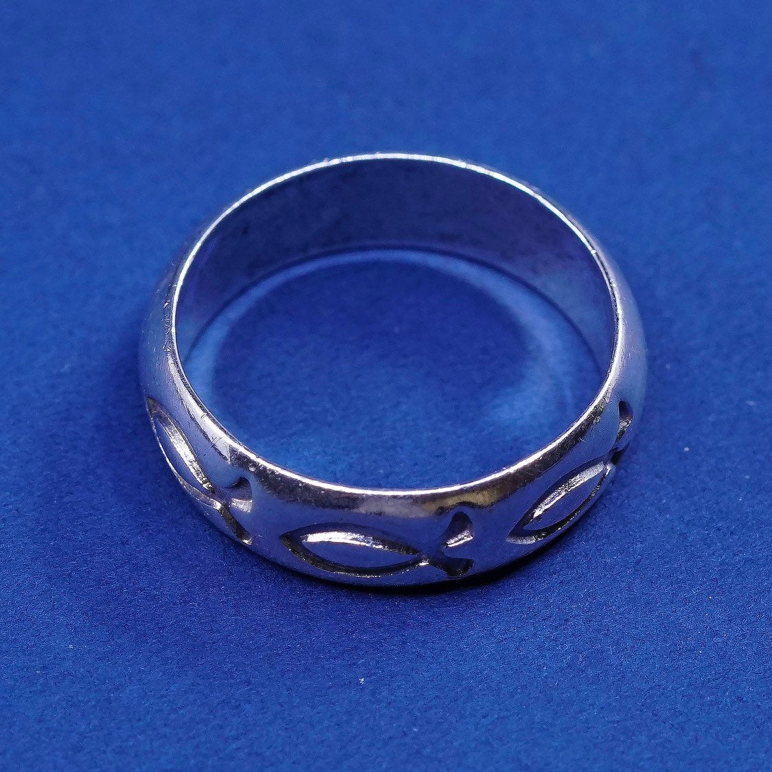 sz 9, vtg BSD Sterling silver handmade ring, 925 prayer band w/ fish