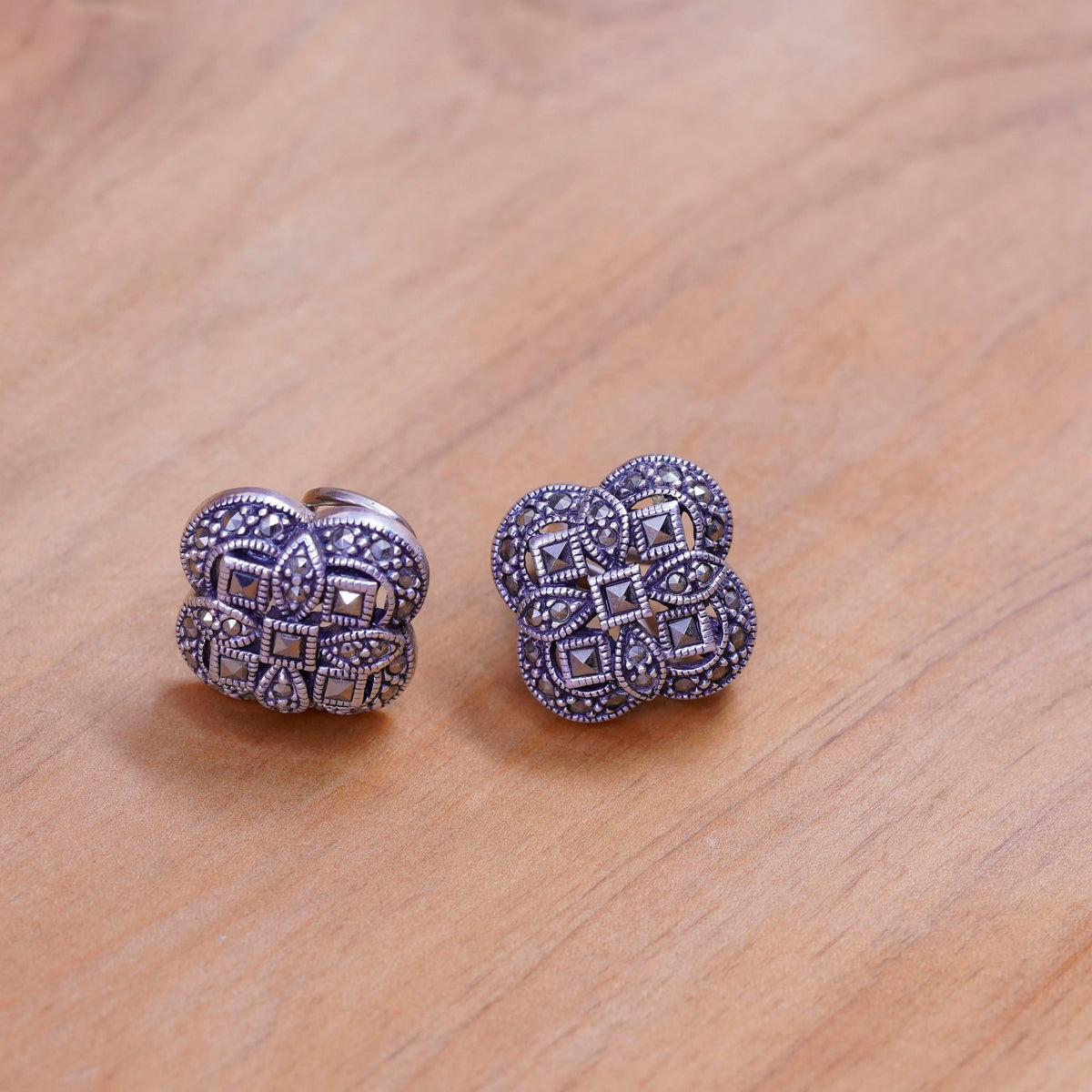 Judith Jack Sterling silver handmade clip on, 925 clover earrings marcasite