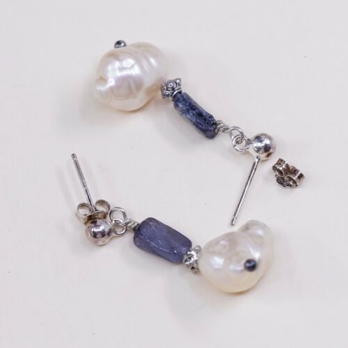 Vintage Southwestern handmade Sterling Silver Pearl Earrings w/ Agate Beads