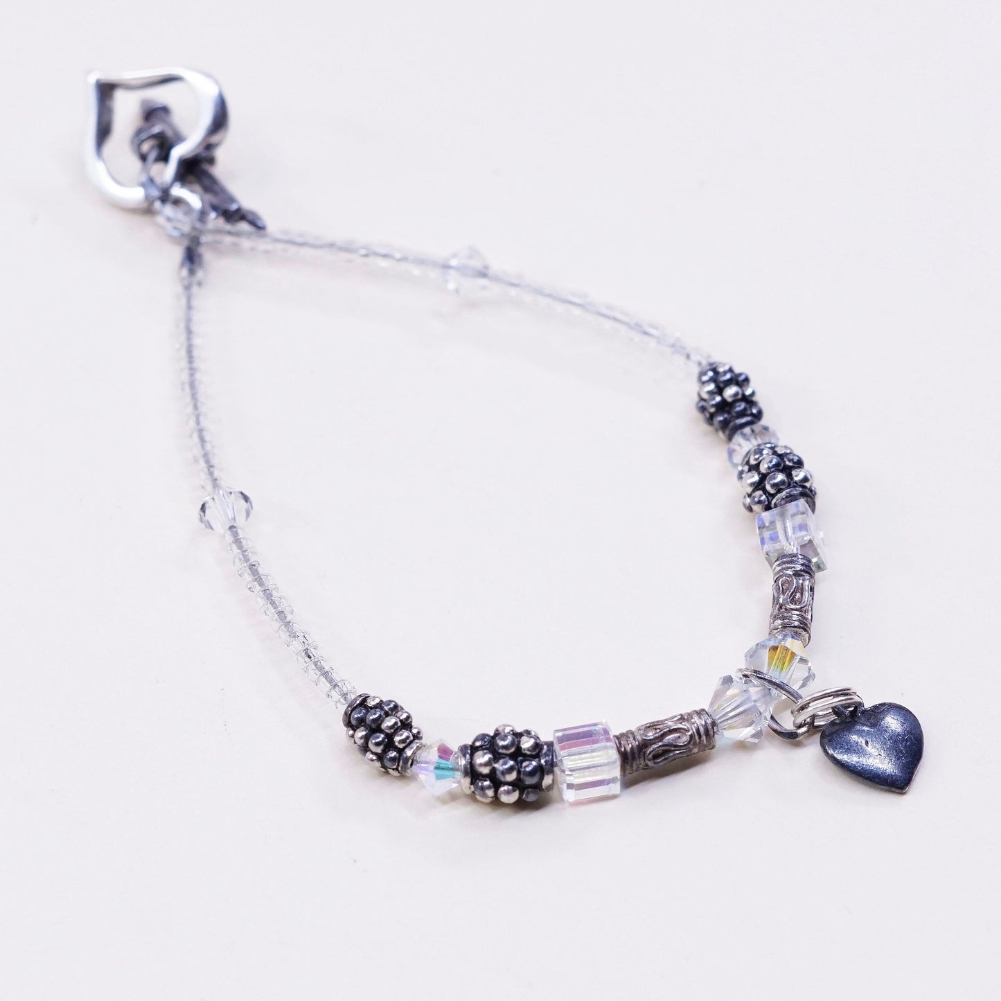 6.25”, Sterling silver handmade bracelet, 925 heart charm with clear crystal