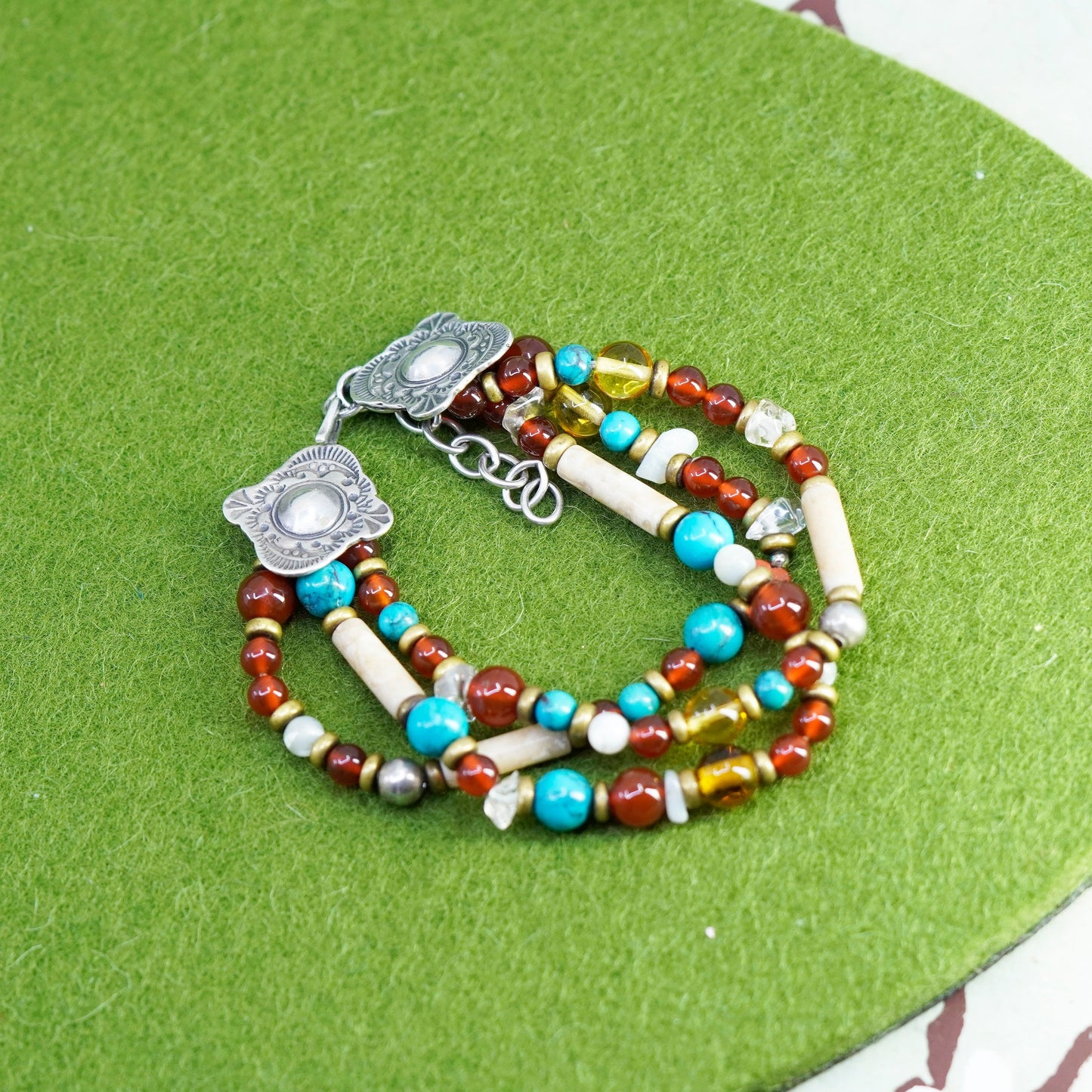 5.5+1”, southwestern 925 Sterling silver bracelet garnet beads jasper turquoise