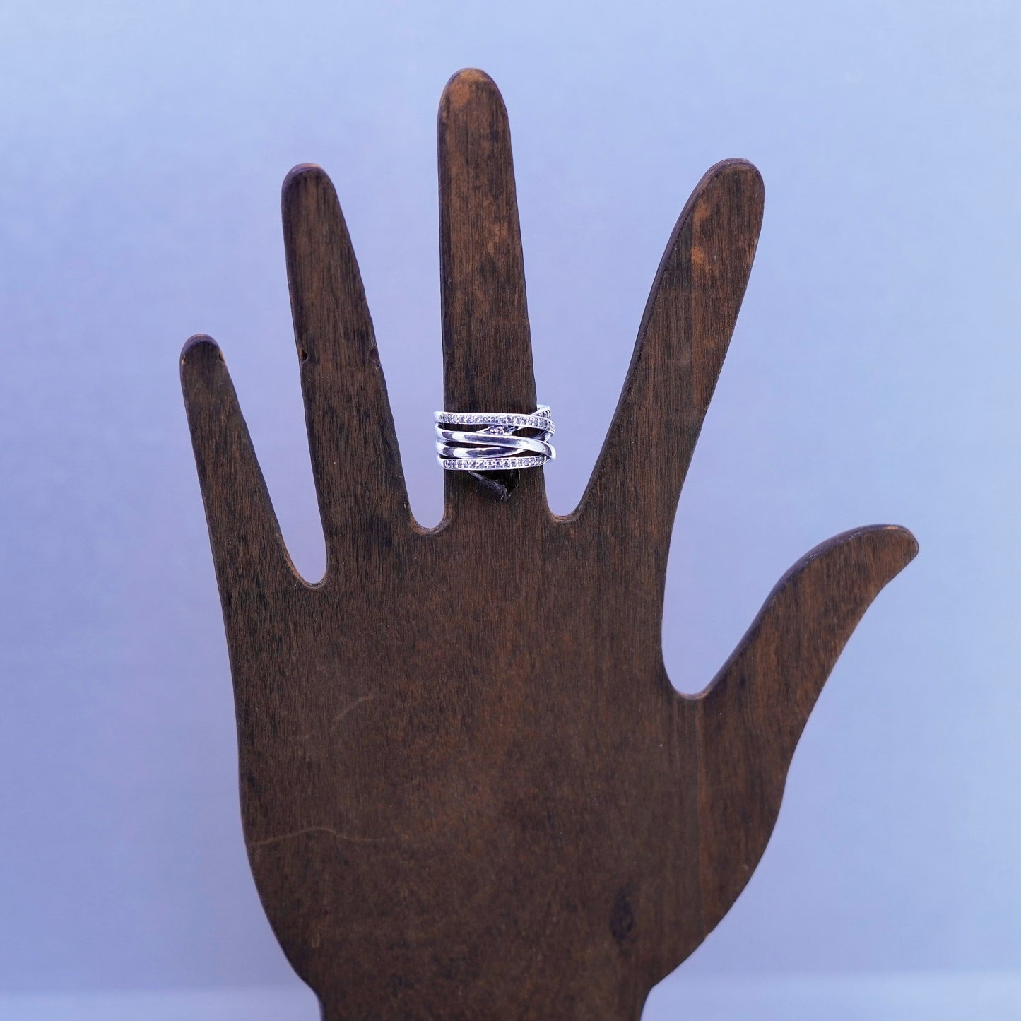 Size 6, ALE fashionable Sterling 925 silver entwined ring with cluster cz, band