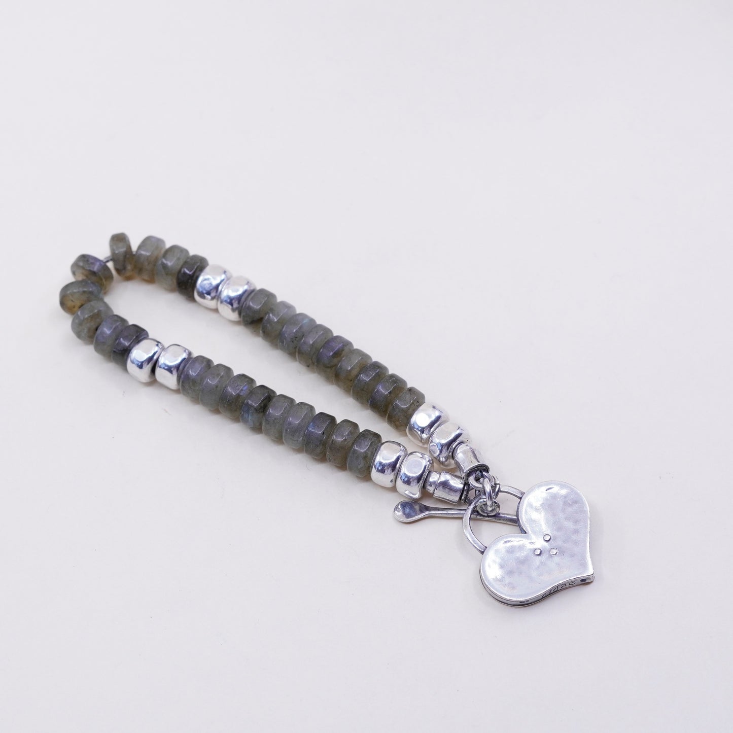 7”, Israel Shablool Didae sterling 925 silver bracelet labradorite beads heart