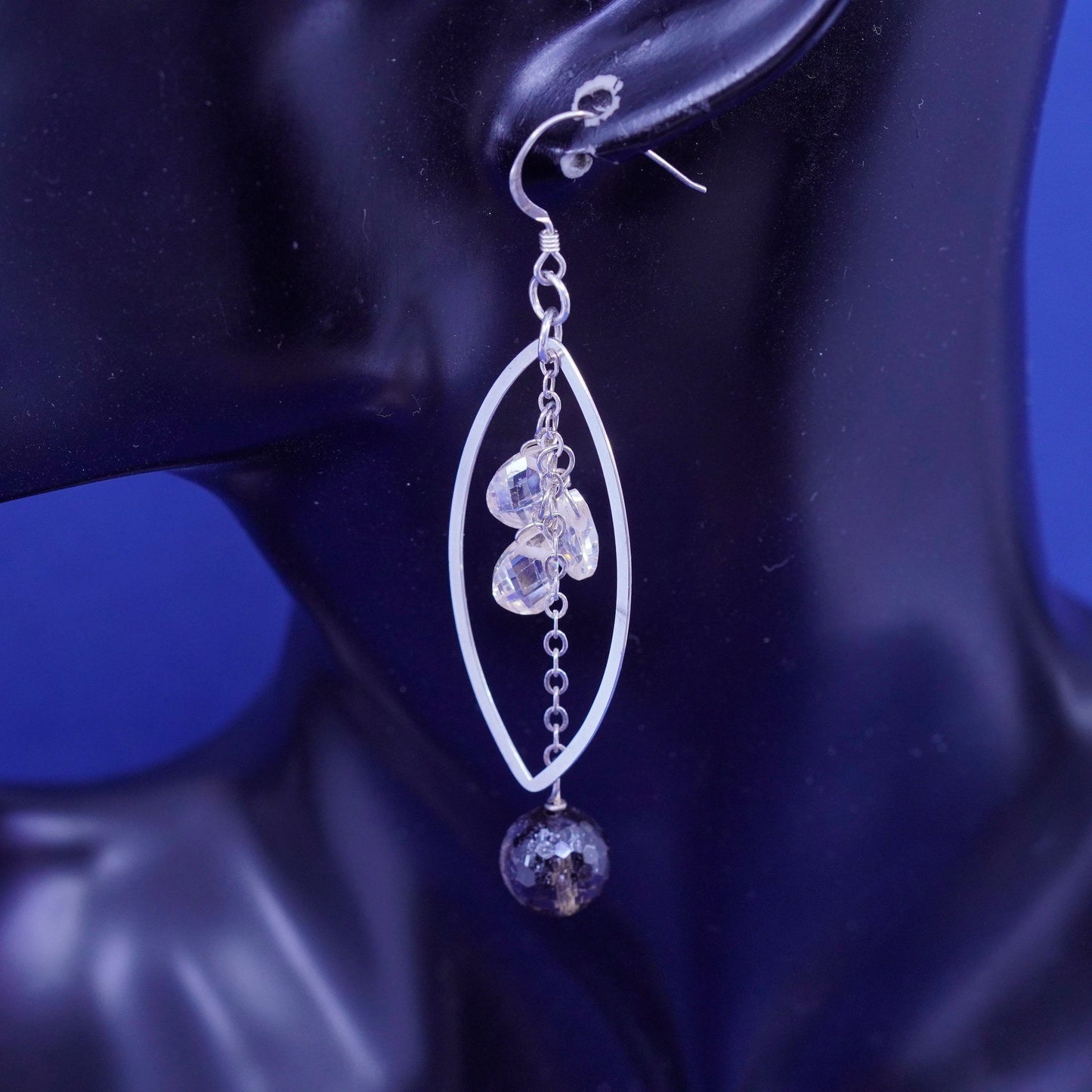 Vintage Sterling Silver long Earrings. 925 long Marquise shaped dangle crystal