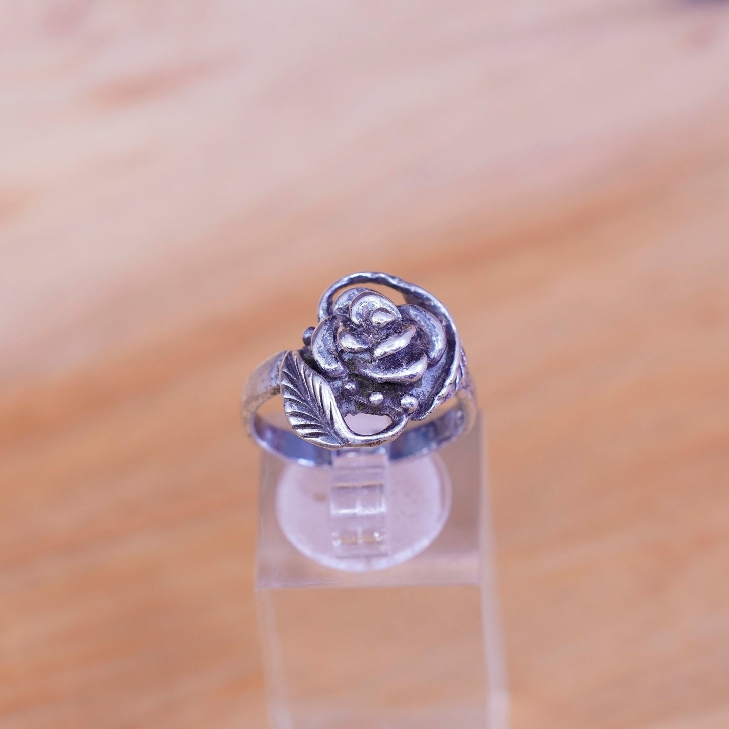 Size 6.5, vintage Sterling silver handmade ring, 925 rose flower on vine