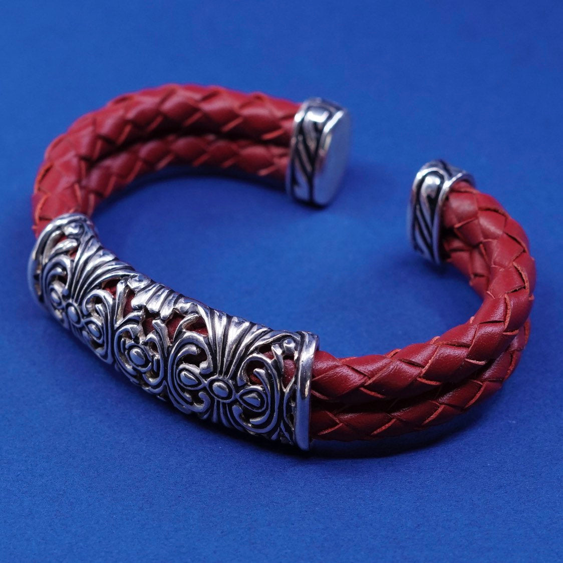 5.5", Sterling silver handmade bracelet, 925 cuff braided red leather wrapped