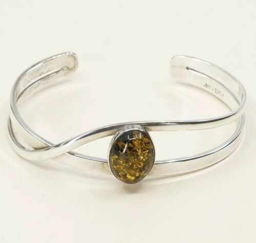 7”, Vtg Sterling Silver Handmade wide Cuff, USA 925 Silver Bracelet W/ Amber