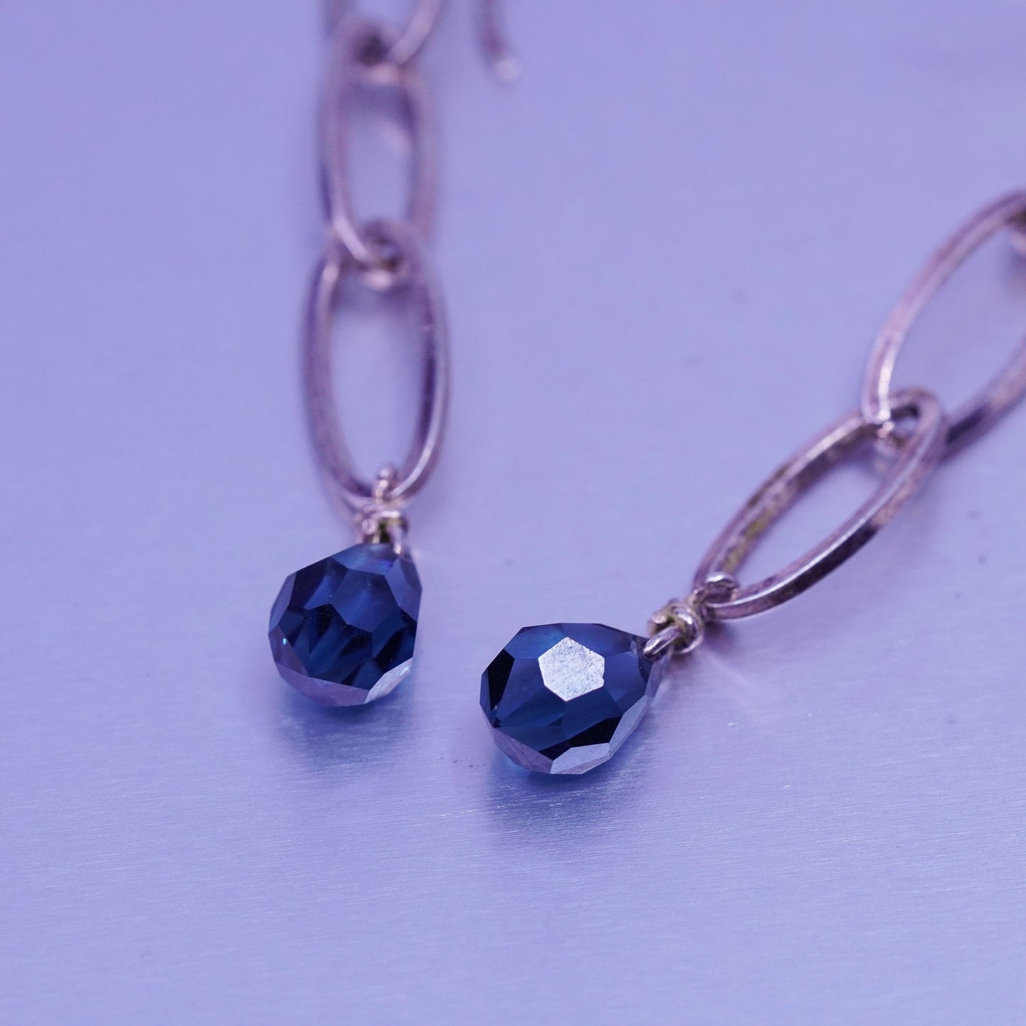 Vintage Sterling 925 silver handmade oval link earrings with teardrop topaz