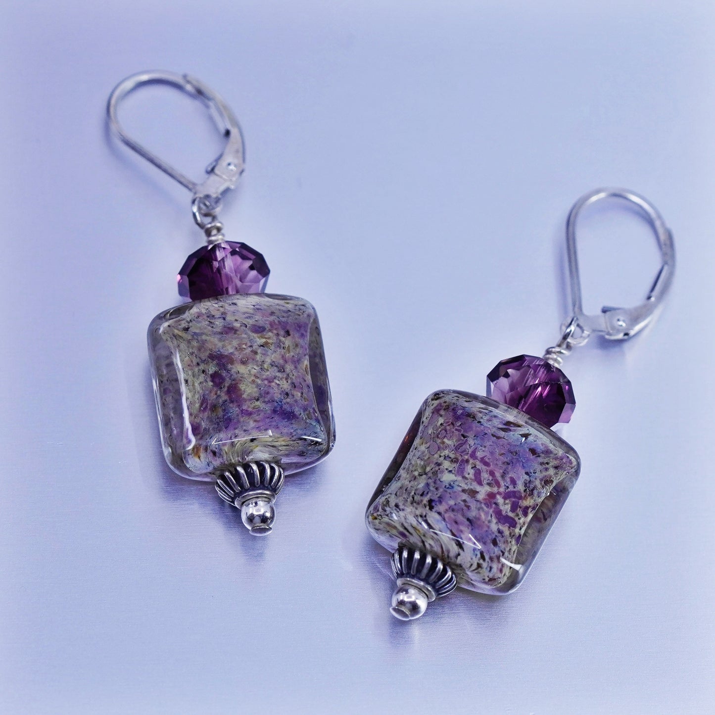 Vintage Sterling 925 silver earrings with artisan glass and purple beads