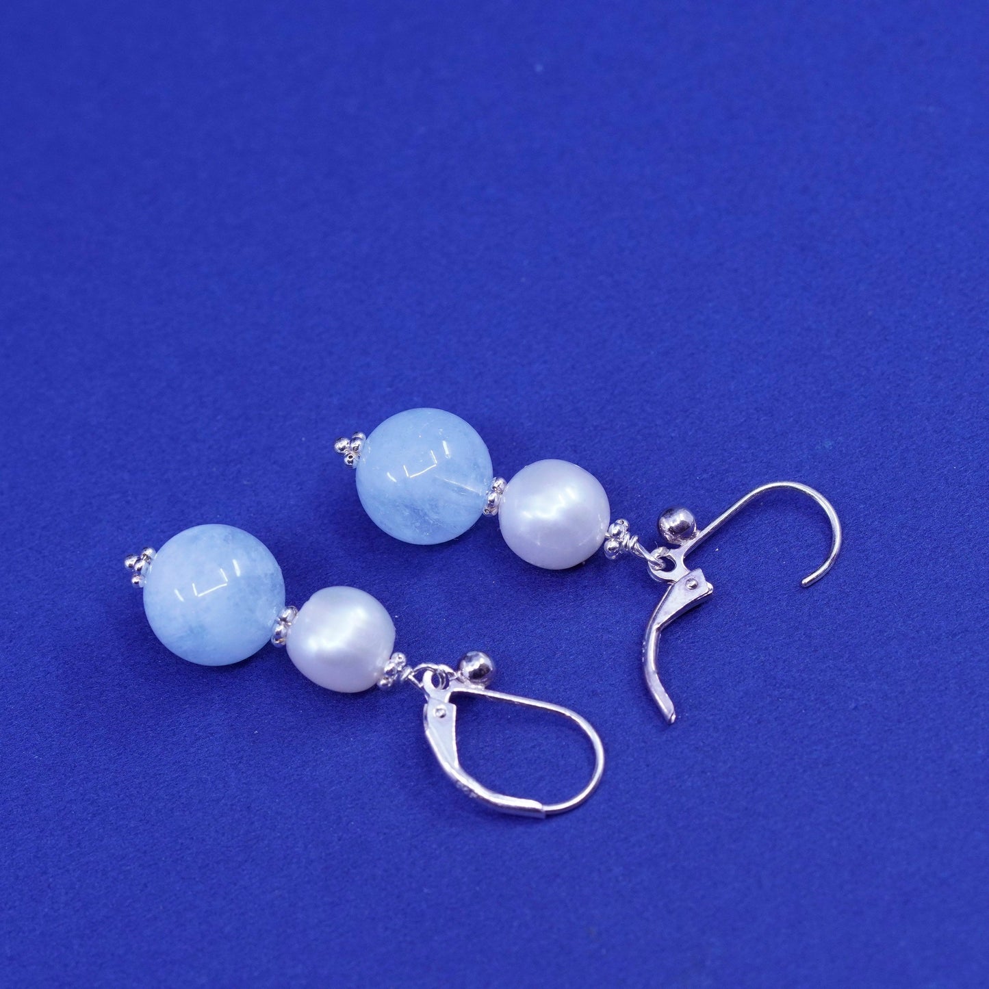 Vintage sterling silver handmade earrings, 925 hooks with jade and pearl beads