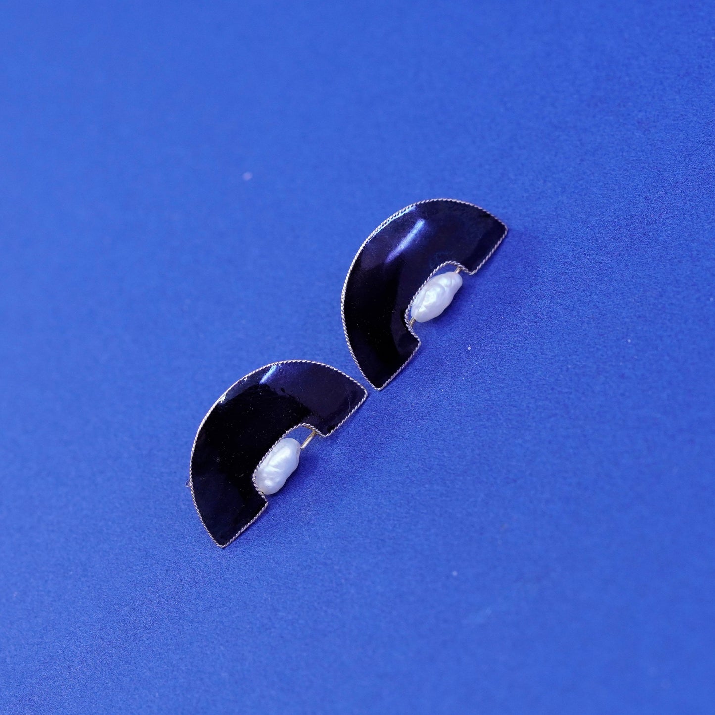 Vintage gold filled Sterling silver earrings, 925 studs pearl black enamel