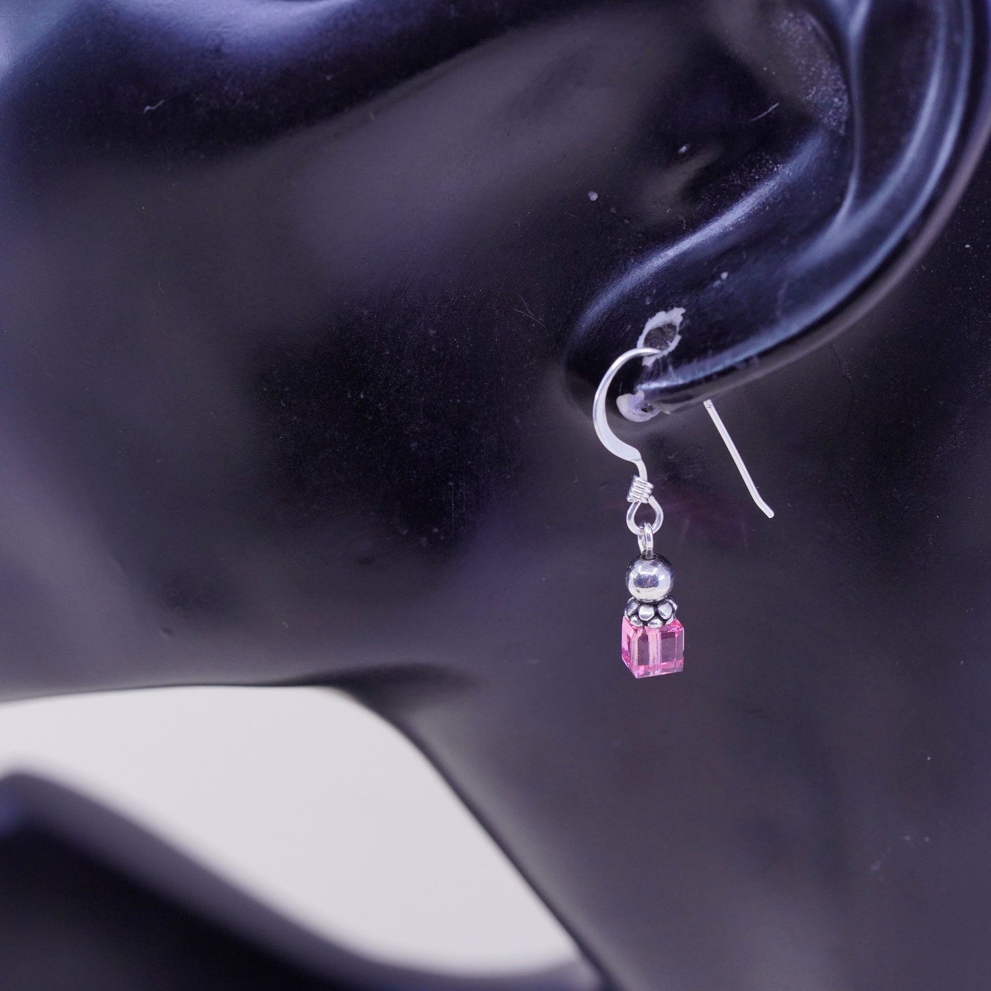 Vintage Sterling 925 silver handmade earrings, with pink crystal cube, stamped 925