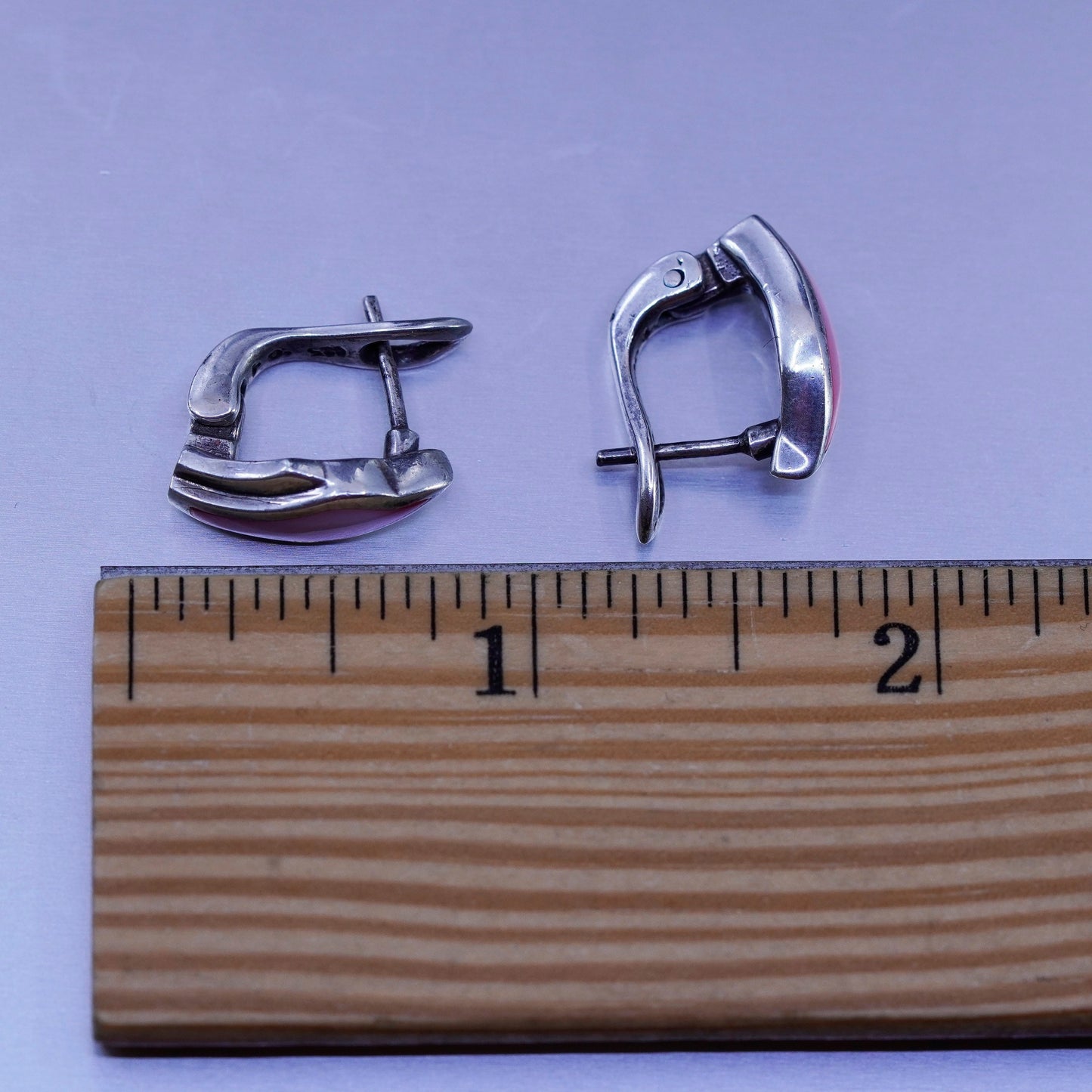 0.75”, Sterling silver handmade earrings, 925 huggie hoops pink mother of pearl