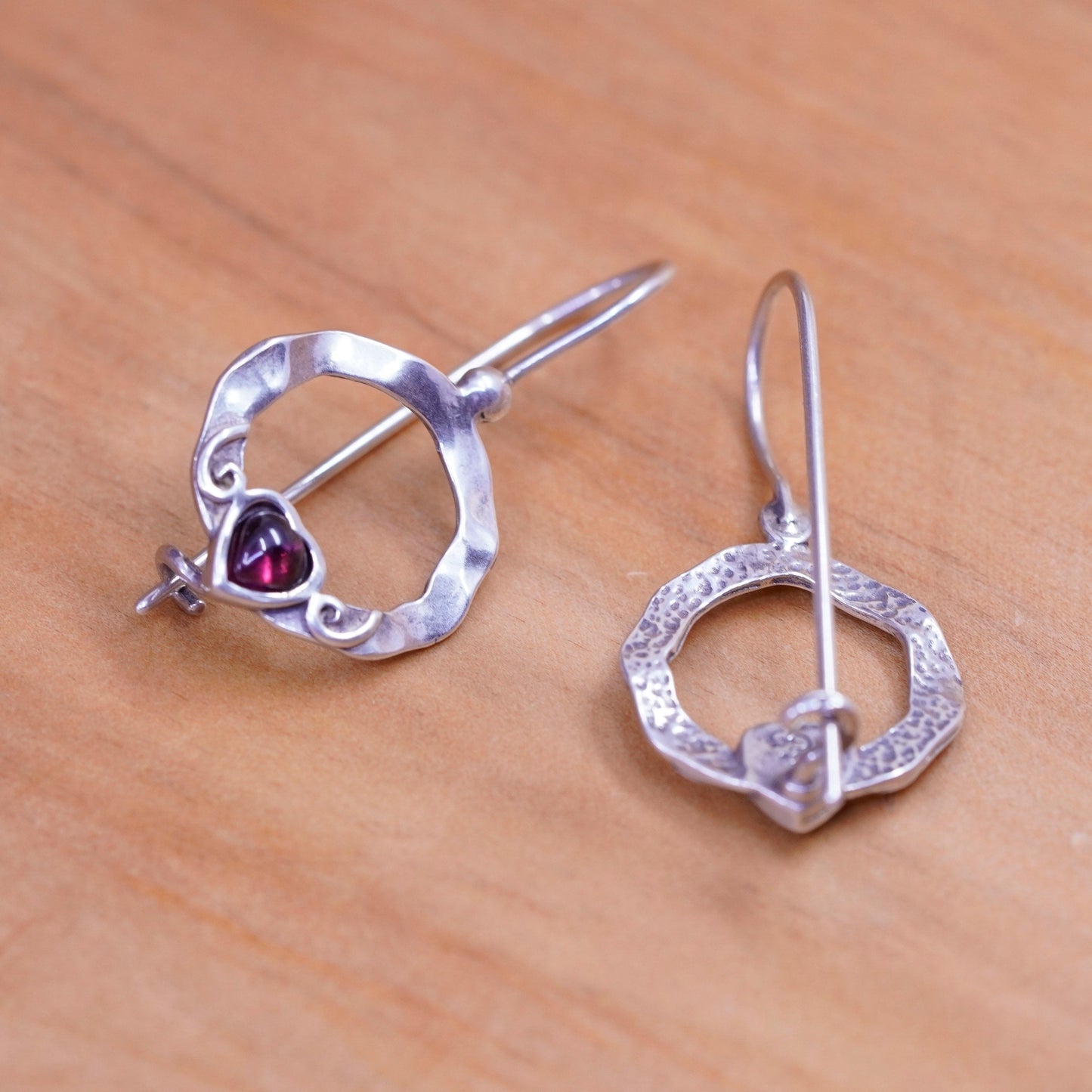 Israel wax casting Sterling silver handmade earrings, 925 hoops heart garnet