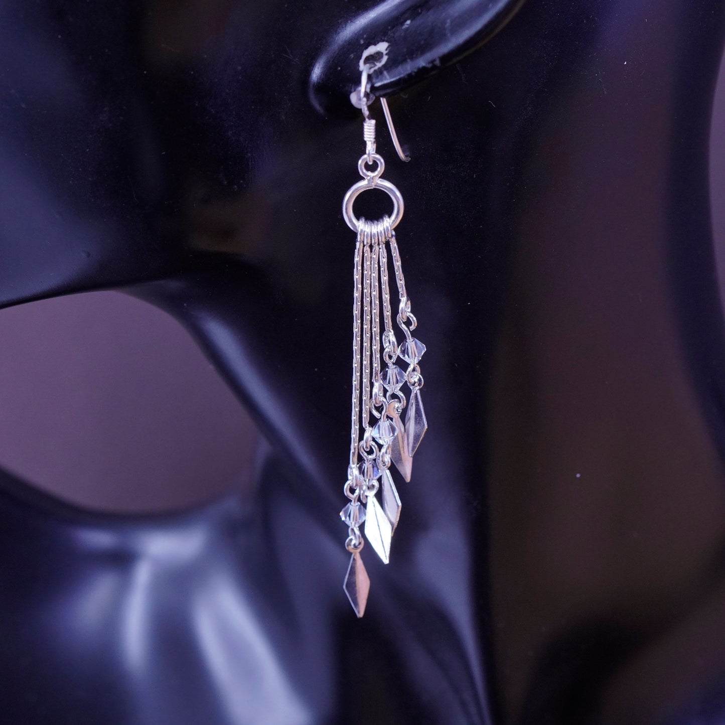 Vintage Sterling 925 silver handmade earrings with crystal and fringe dangles