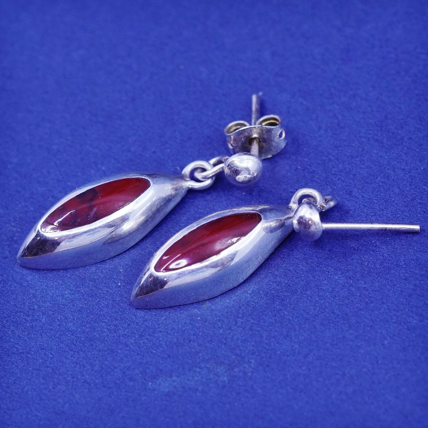 Vintage Sterling silver handmade earrings, 925 marquise drops with red jasper