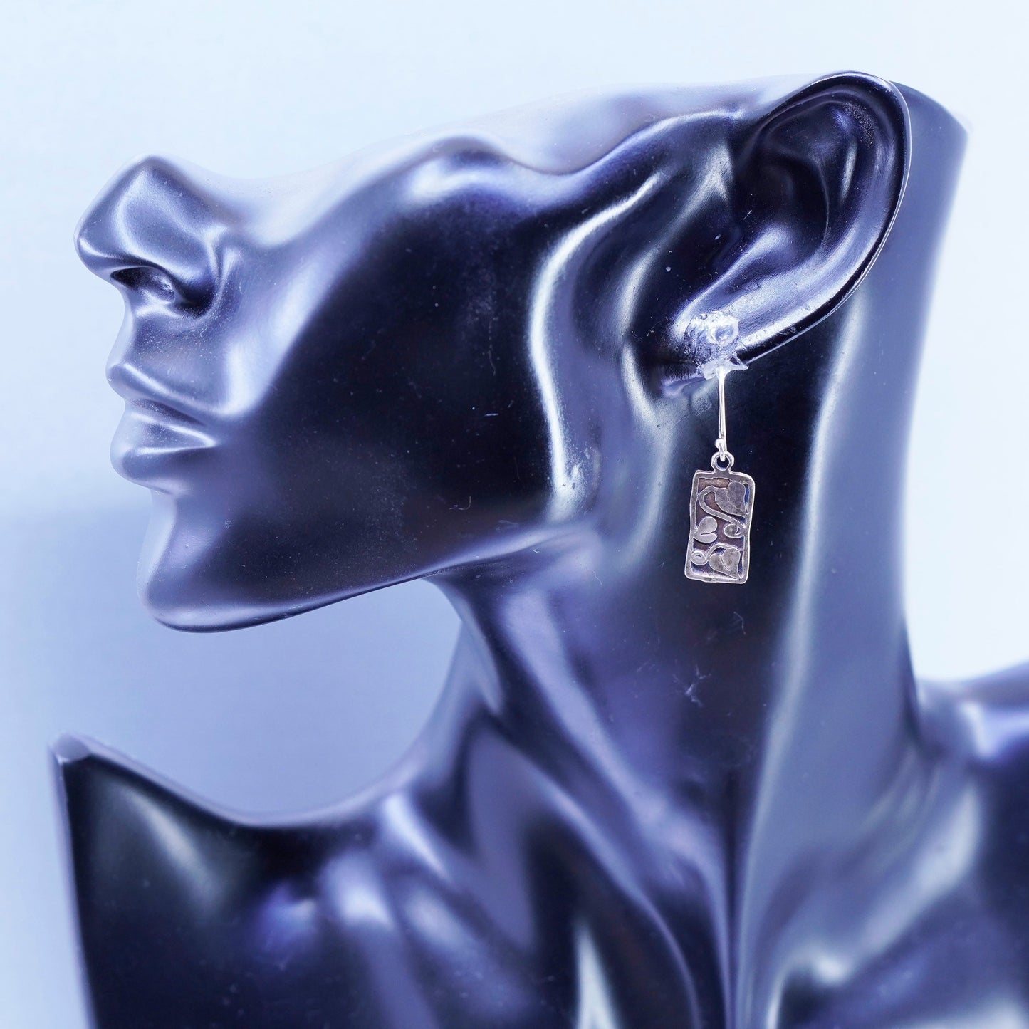 vintage Sterling silver handmade earrings, 950 tag dangles with heart engraved