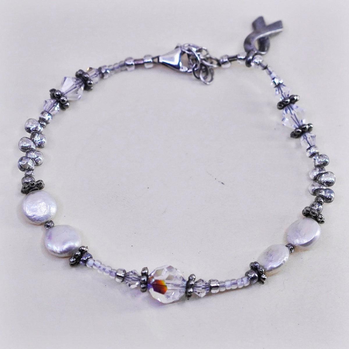 7”, Sterling silver bracelet, 925 pearl beads breast cancer cure ribbon charm