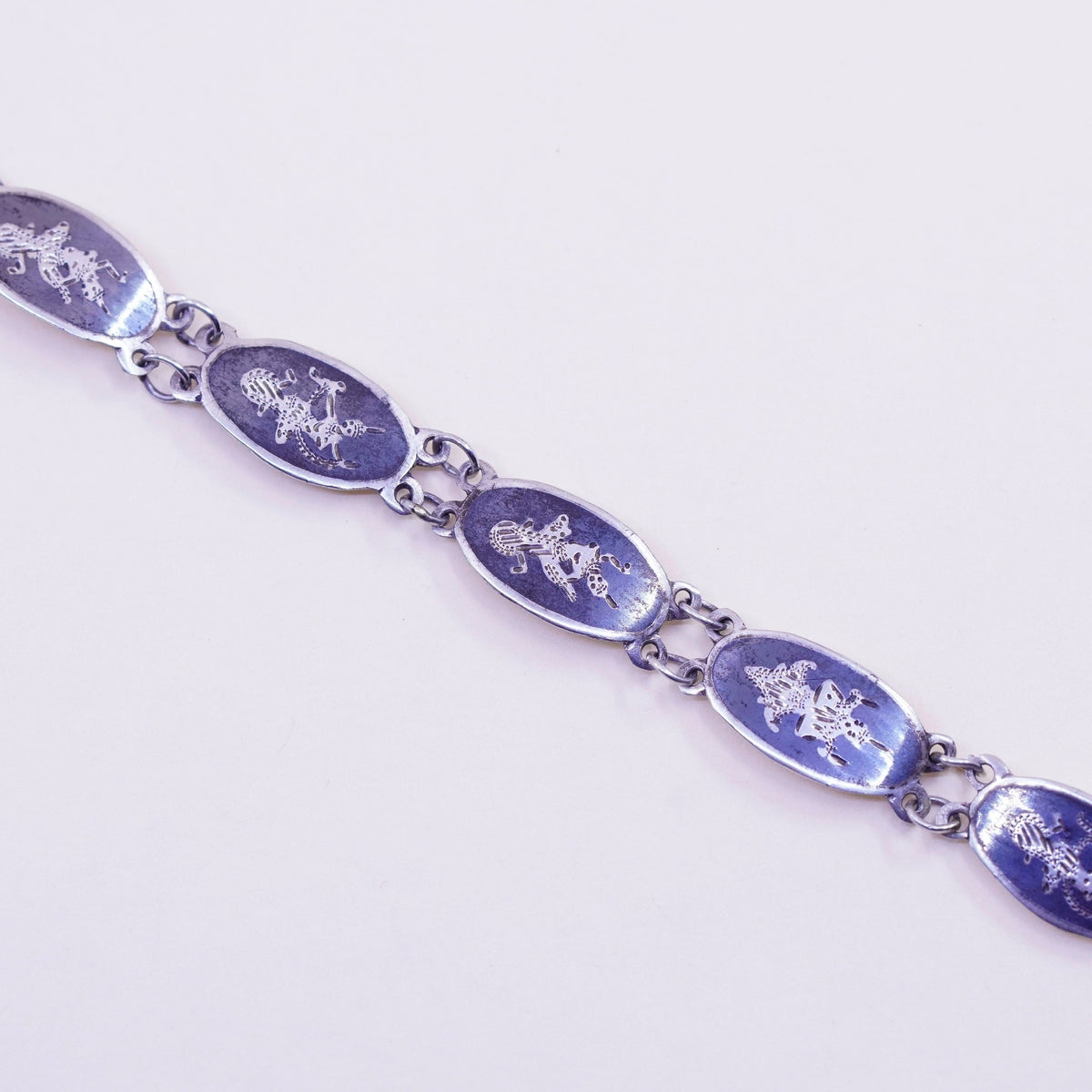 6.5”, Vintage Indian Siam sterling silver bracelet, 925 disc engraved goddess