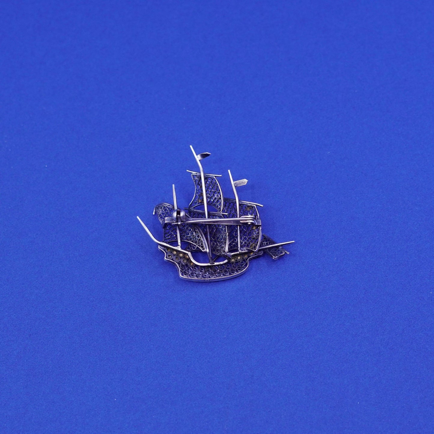 Vintage sterling silver handmade brooch, 800 filigree boat pin