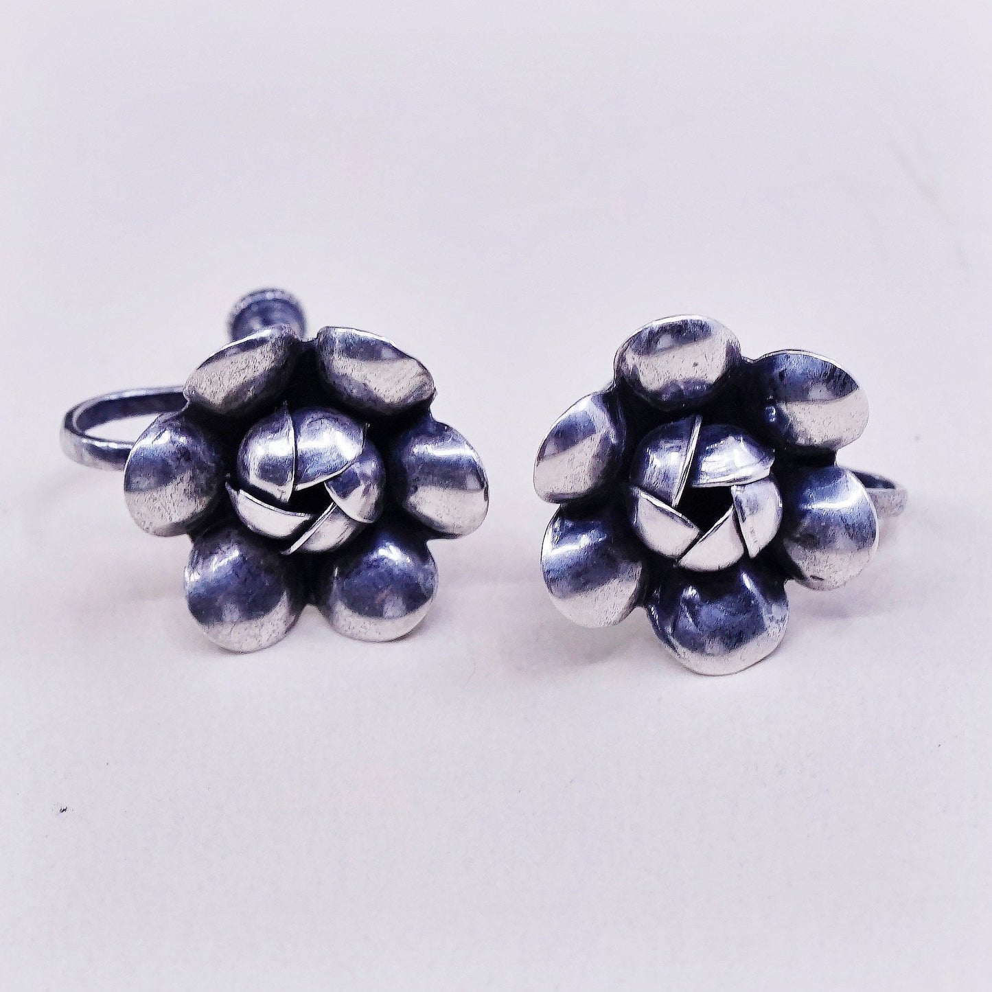 Vintage Sterling silver handmade earrings, 925 screw back flower