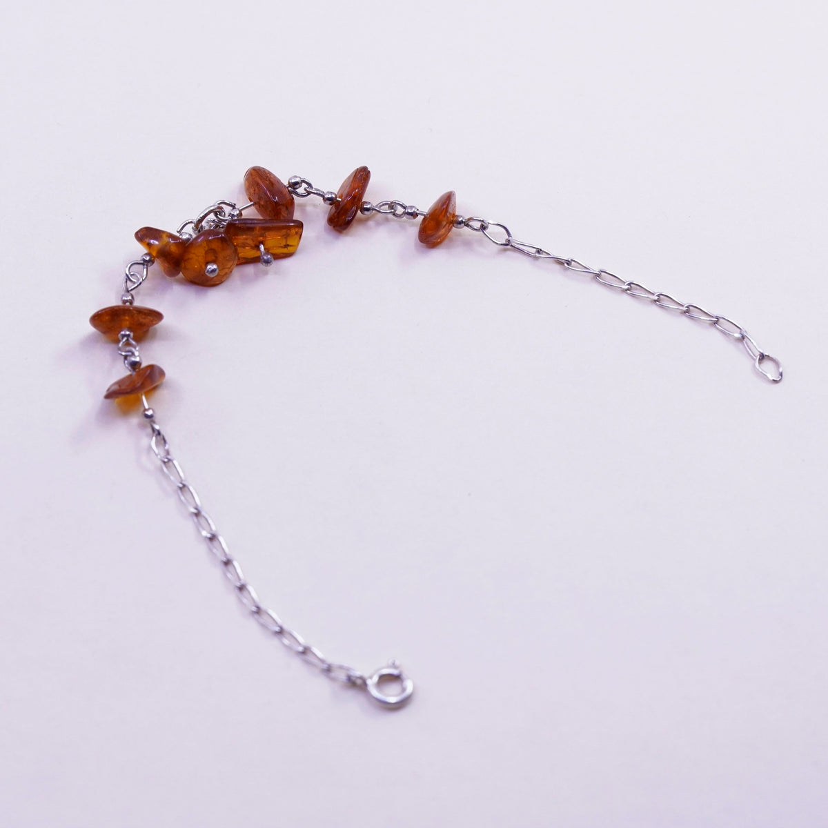 6.5”, Vintage sterling 925 silver handmade tennis bracelet with nugget amber