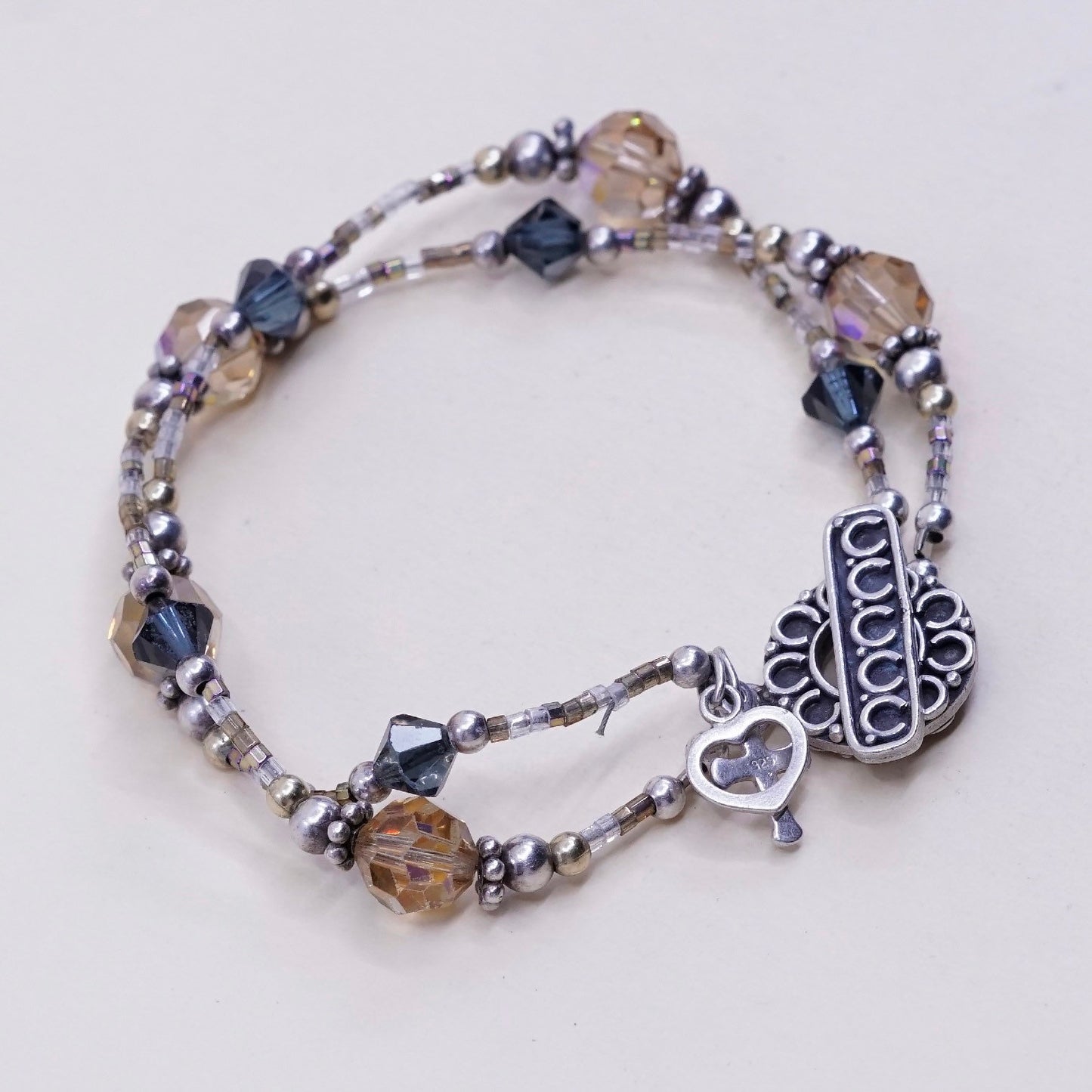 6.75”, sterling 925 silver bracelet w/ topaz crystal beads N cross heart charms