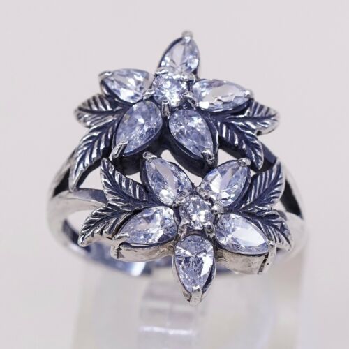 Size 8.25, Vtg Cadena Jewelry Sterling 925 Silver Handmade Flower Ring w/ Cz