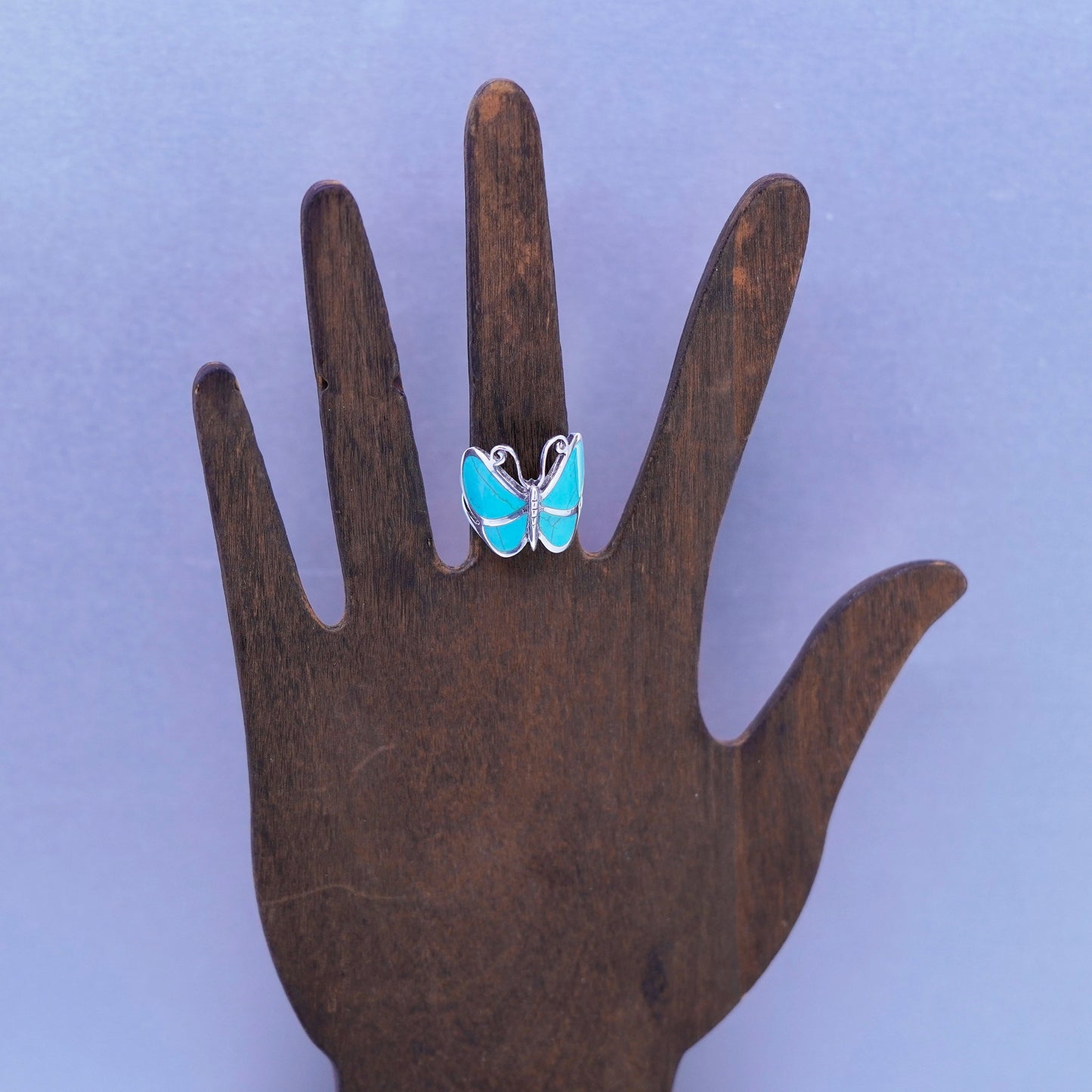 Size 7, vintage Sterling 925 silver handmade ring, butterfly band w/ turquoise