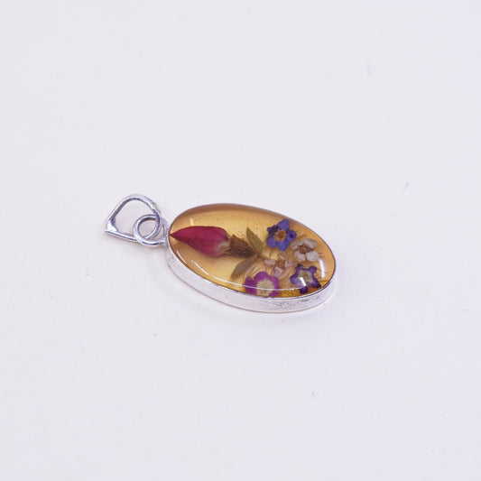 Vintage Sterling silver handmade pendant, mexico 925 resin with flower pendant