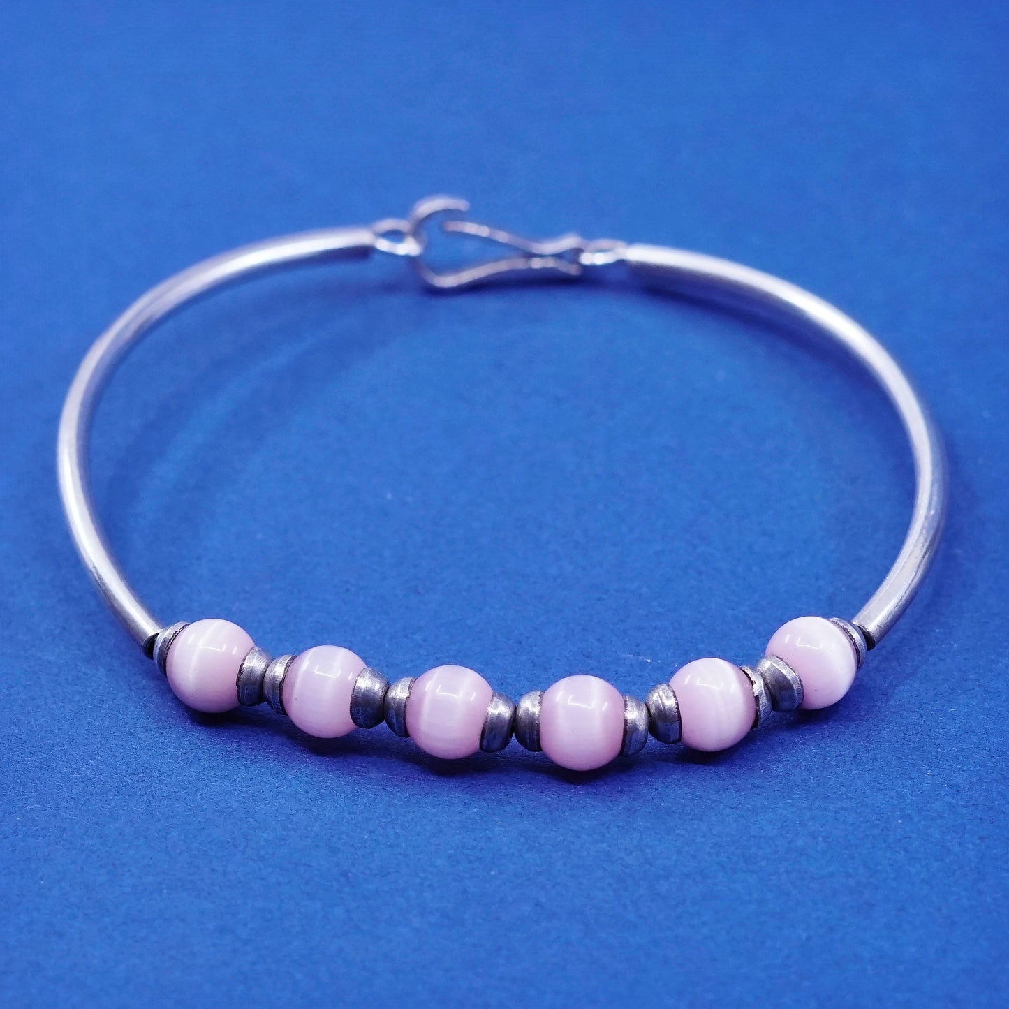 6.5”, Sterling silver handmade bangle bracelet, 925 bangle w/ pink cat’s eye