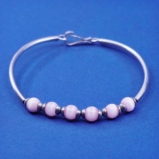 6.5”, Sterling silver handmade bangle bracelet, 925 bangle w/ pink cat’s eye