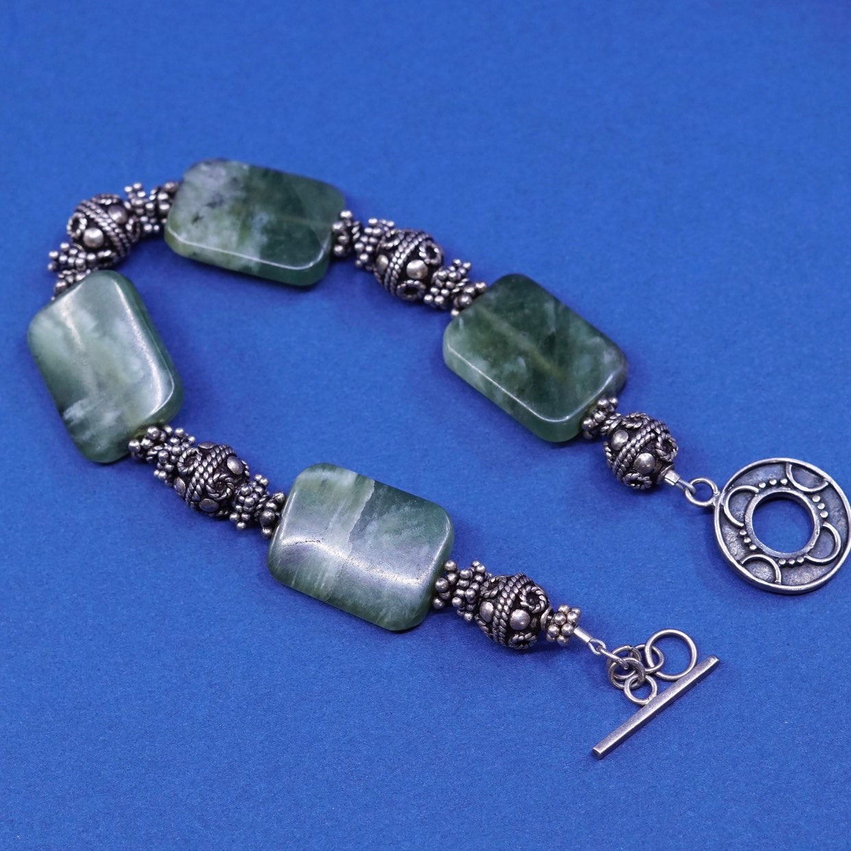 7", vtg Sterling silver handmade bracelet, 925 bar w/ jade