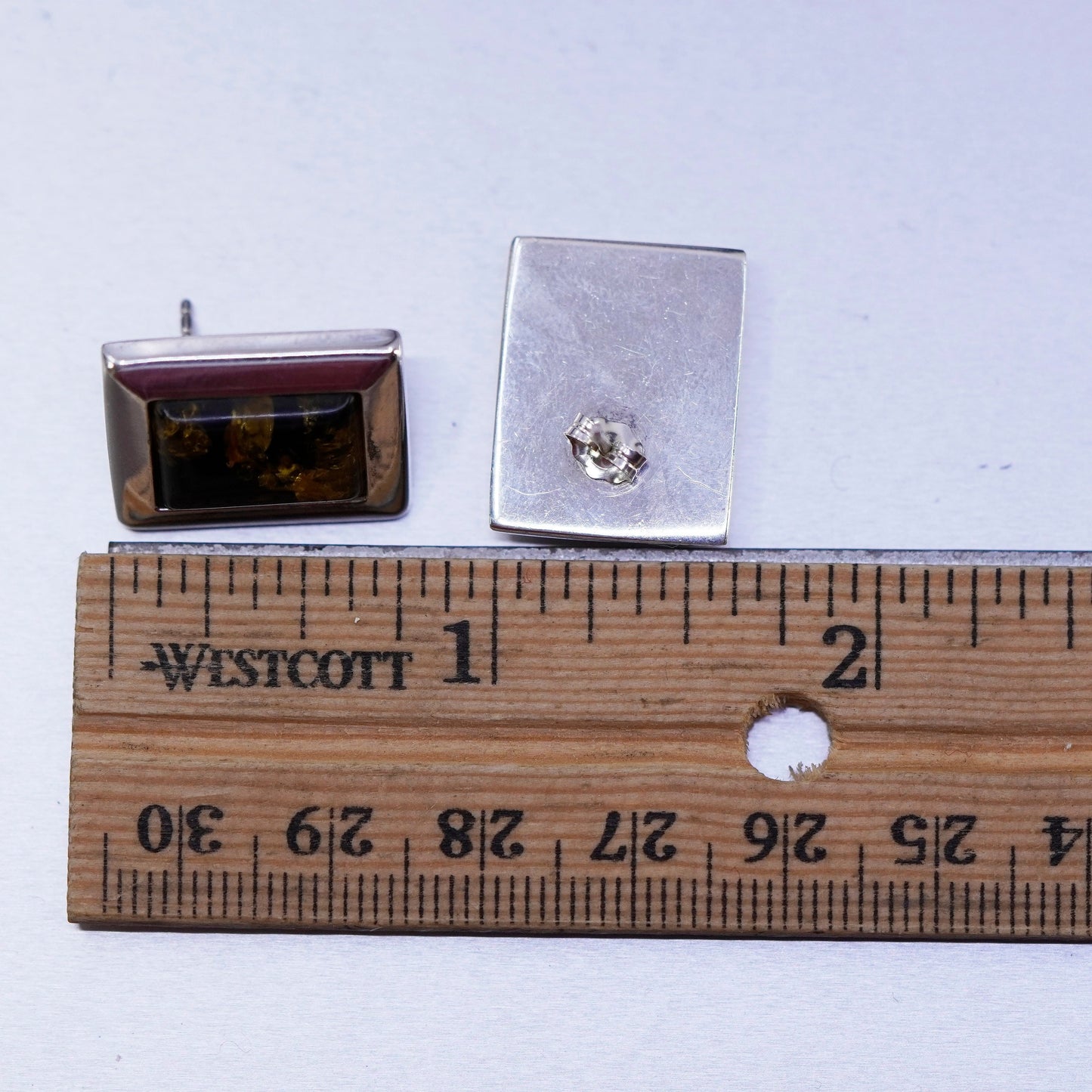 Vintage Sterling 925 silver handmade earrings, rectangular amber studs