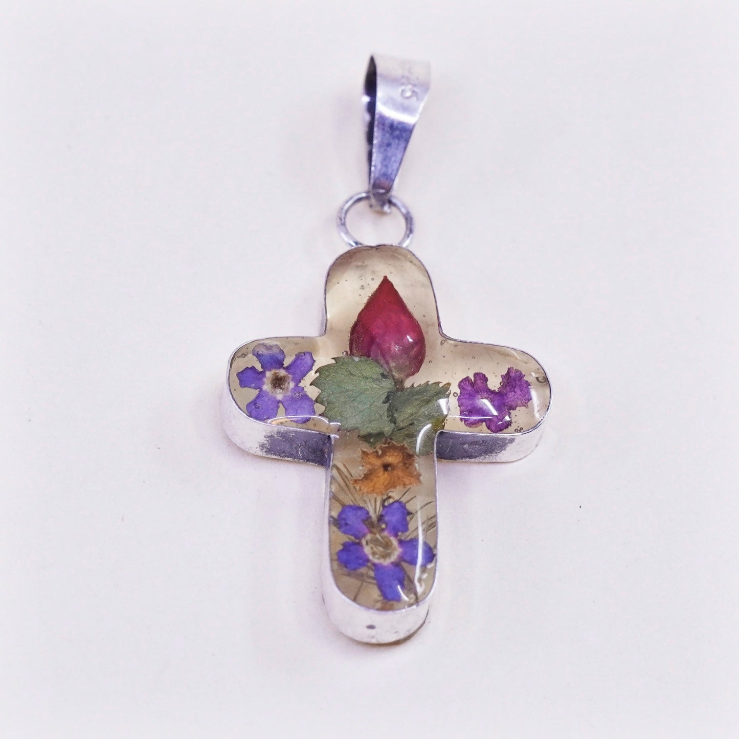 Vintage Sterling silver handmade pendant, mexico 925 resin cross with flower