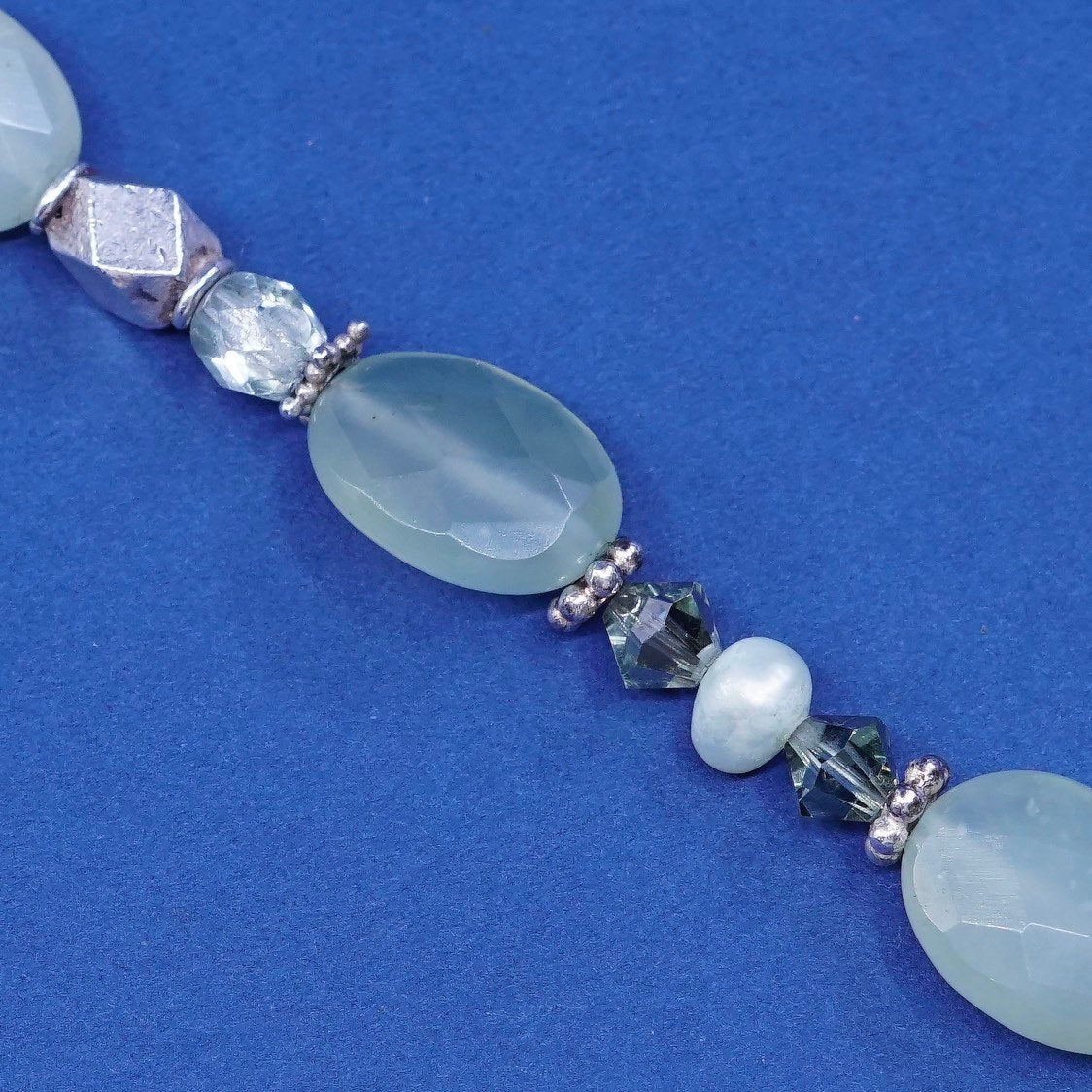 7.25", vtg Sterling silver handmade bracelet, 925 nugget w/ checker cut jade