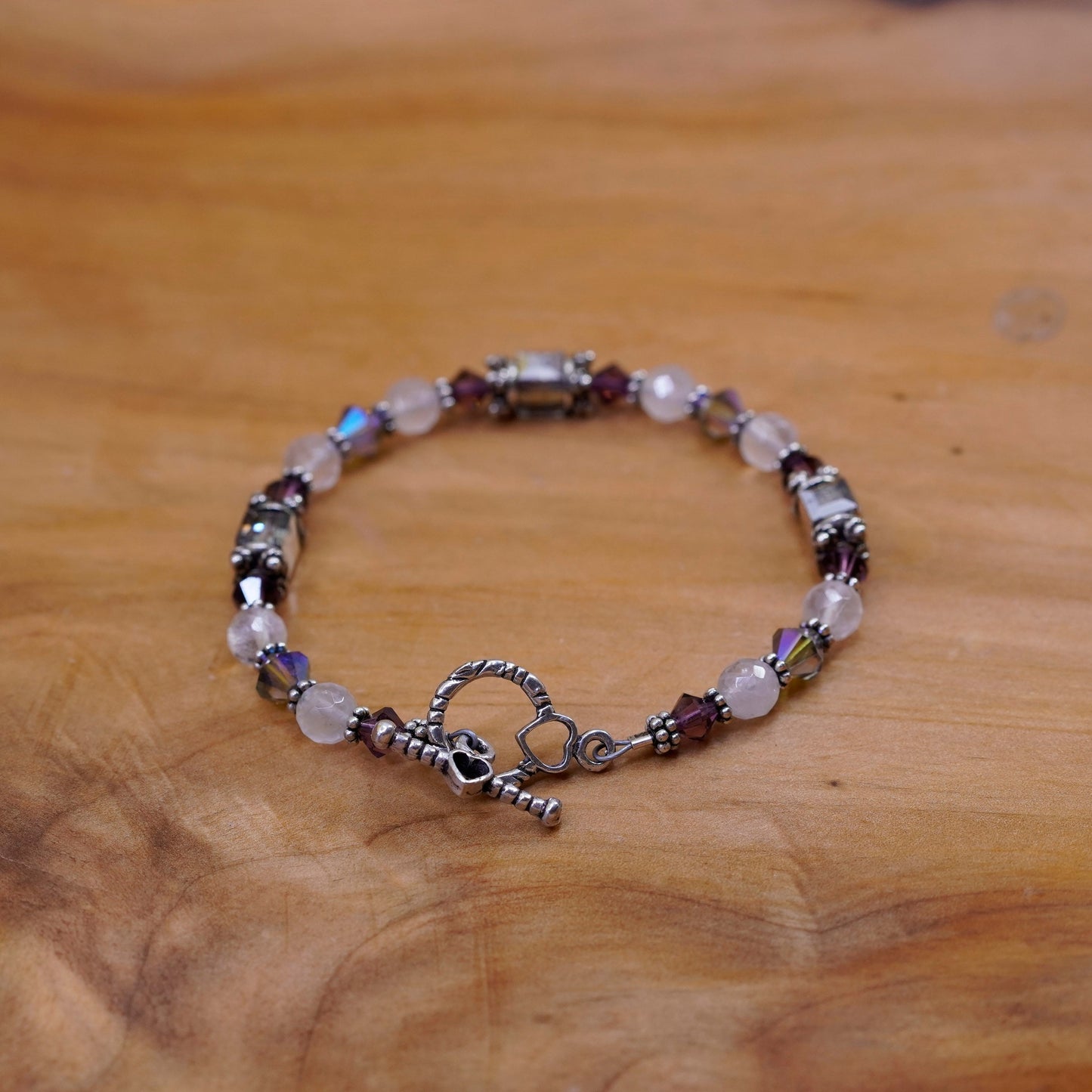 7”, Vintage Sterling silver handmade bracelet, moonstone crystal beads chain
