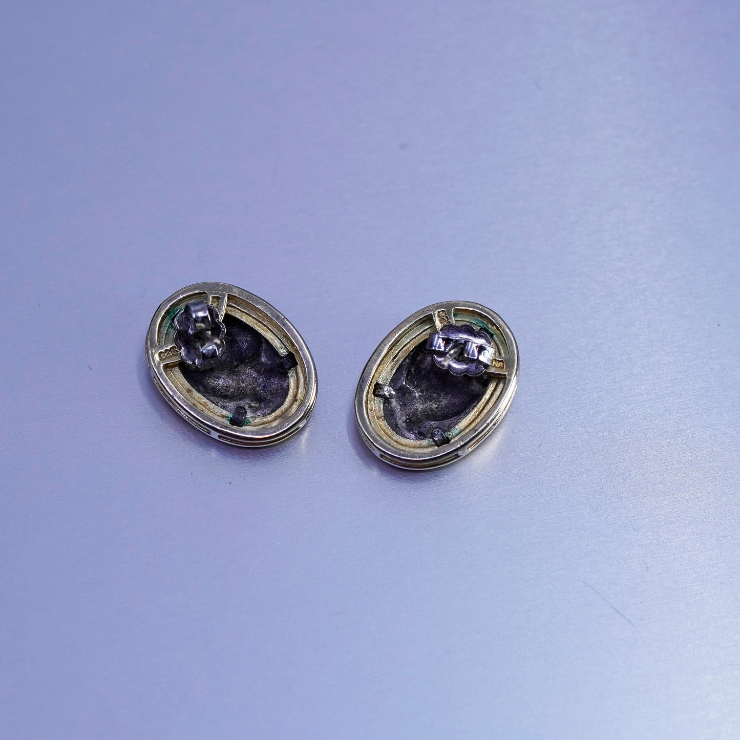 Vintage two tone Sterling 925 silver handmade earrings, lady Portrait studs