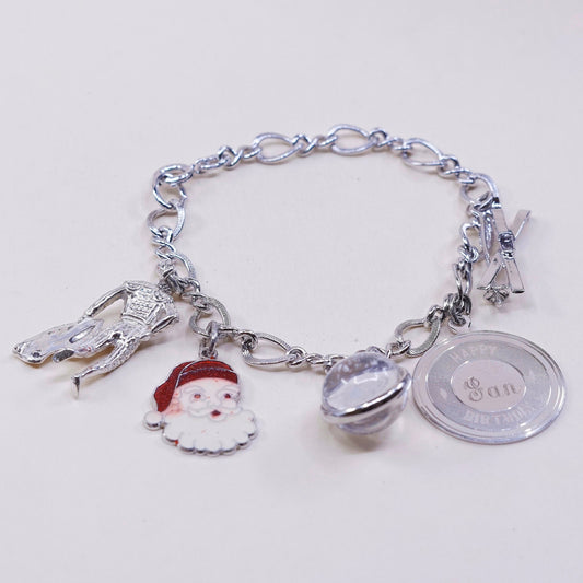 6.75”, vtg sterling 925 silver figaro, handmade bracelet w/ satan, matador, ski