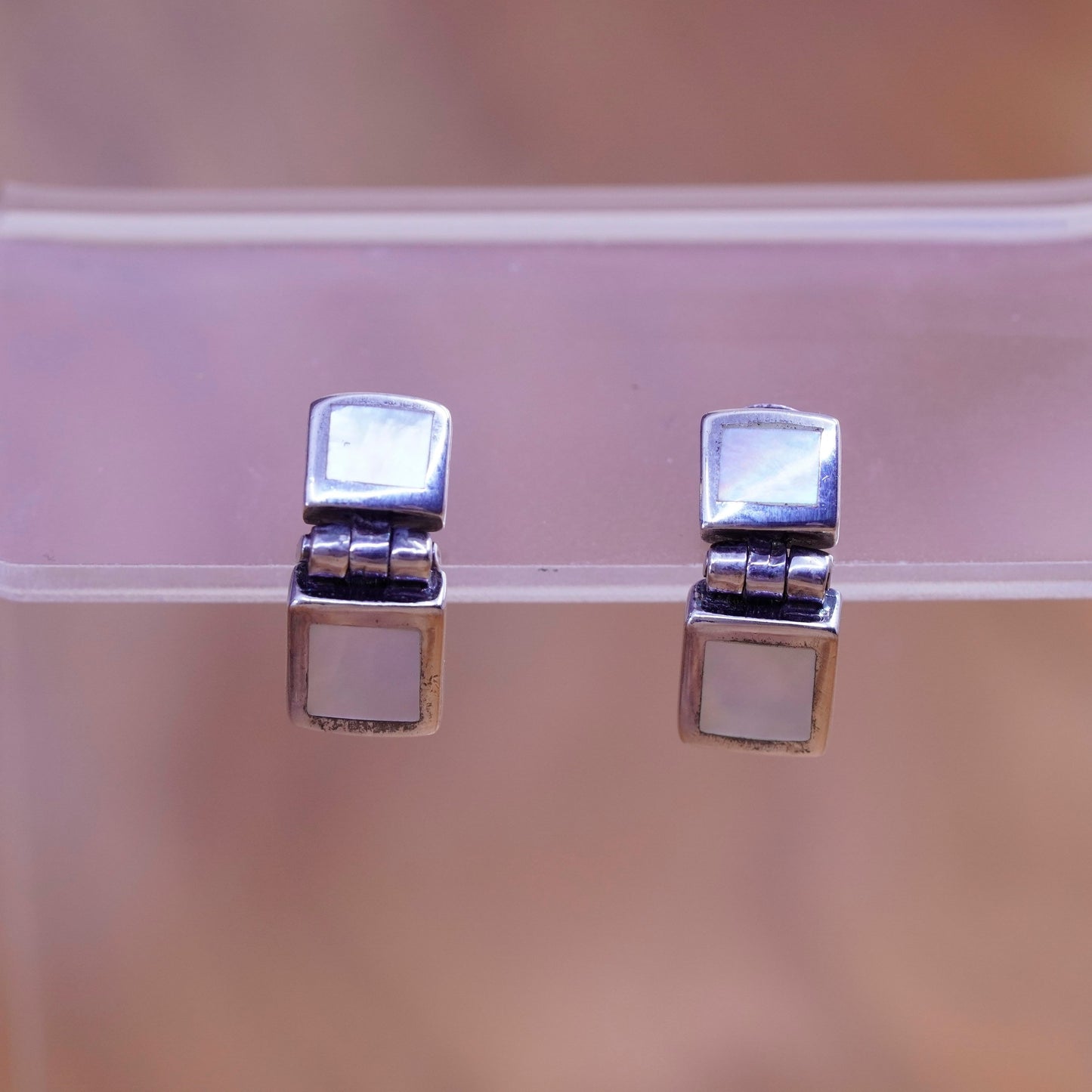 Sterling silver handmade earrings, 925 square dangle square mother of pearl