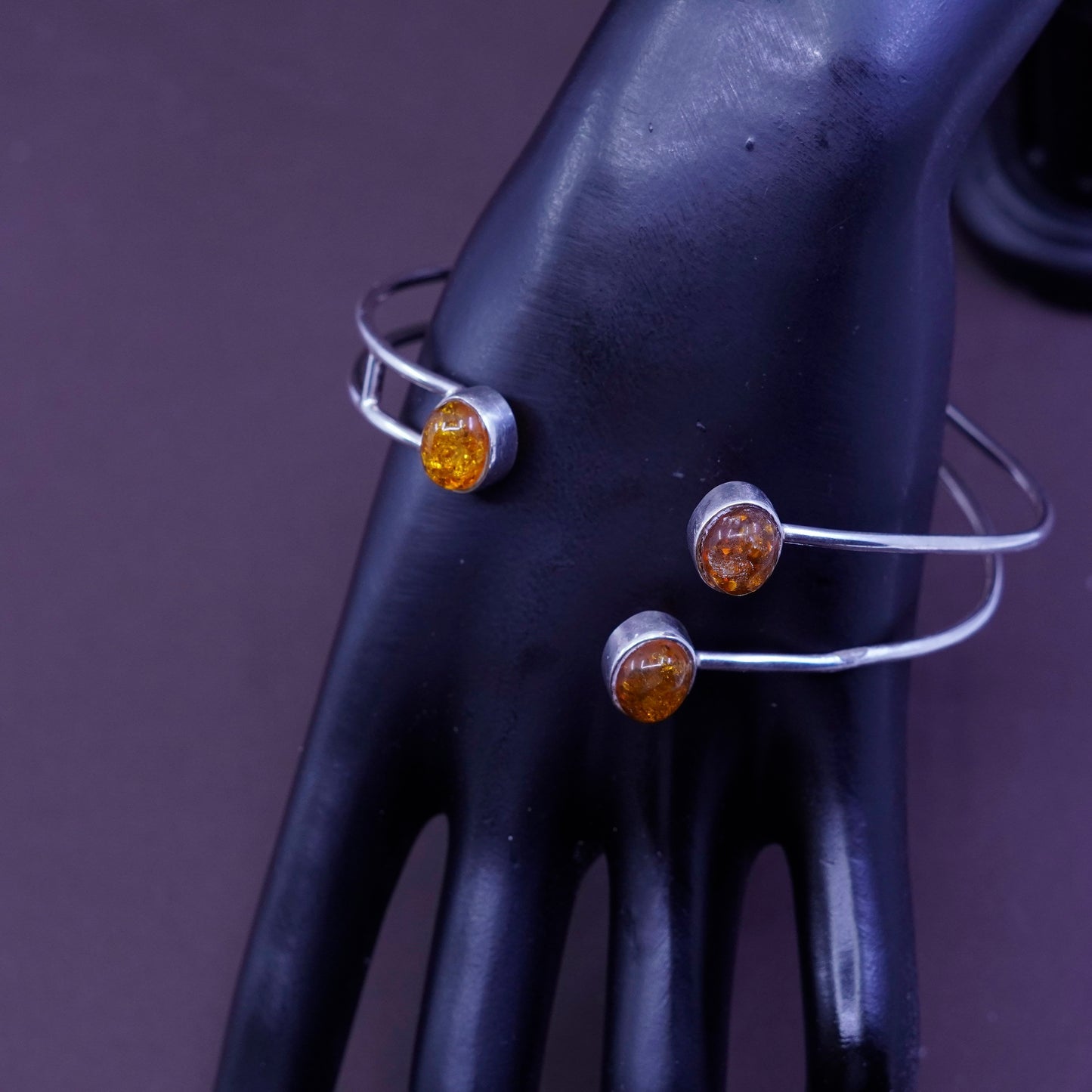 8.5”, Sterling silver handmade bracelet, southwestern Modern 925 cuff w/ Amber
