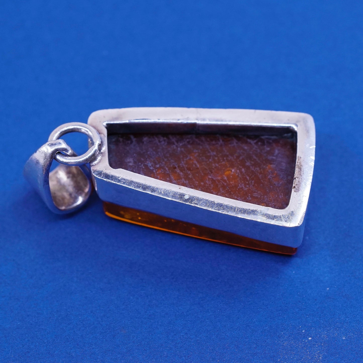 Vintage Sterling silver handmade pendant, 925 with amber center N cable
