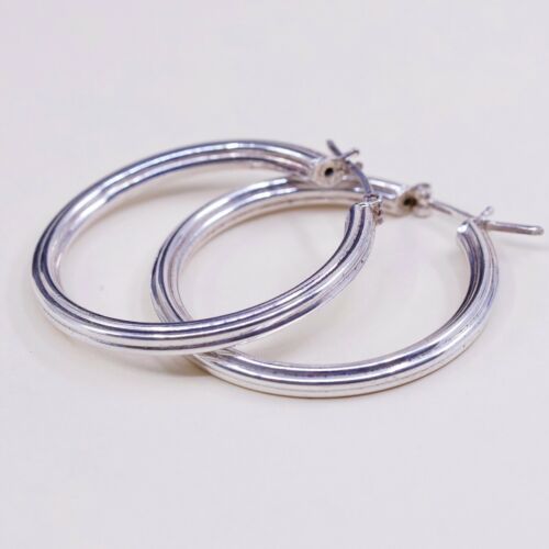 1.25”, Vtg 925 Sterling Silver Handmade Ribbed Huggie Hoop Earrings, Stamped 925