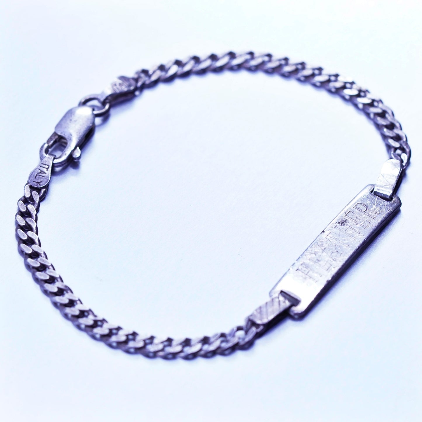 6.5”, Vintage Sterling silver bracelet, 925 curb chain tag “heather slattery”